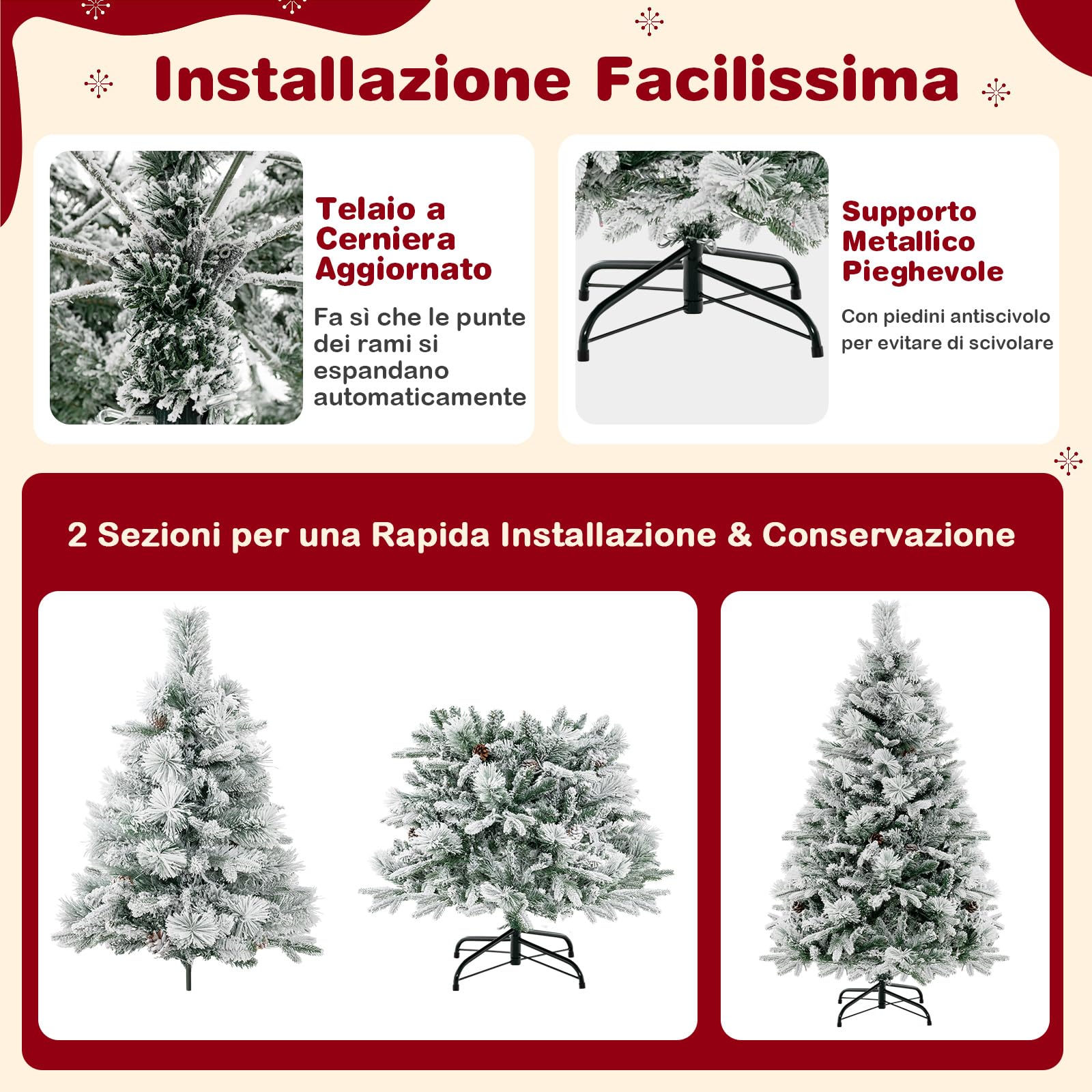 COSTWAY Albero di Natale Innevato 136/180/210 cm, Albero di Natale con 160/240/320 Luci LED, 472/850/1270 Rami di PE e PVC, 26/34/40 Pigne, Aghi di Pino e 8 Modalità di Illuminazione (136 CM)