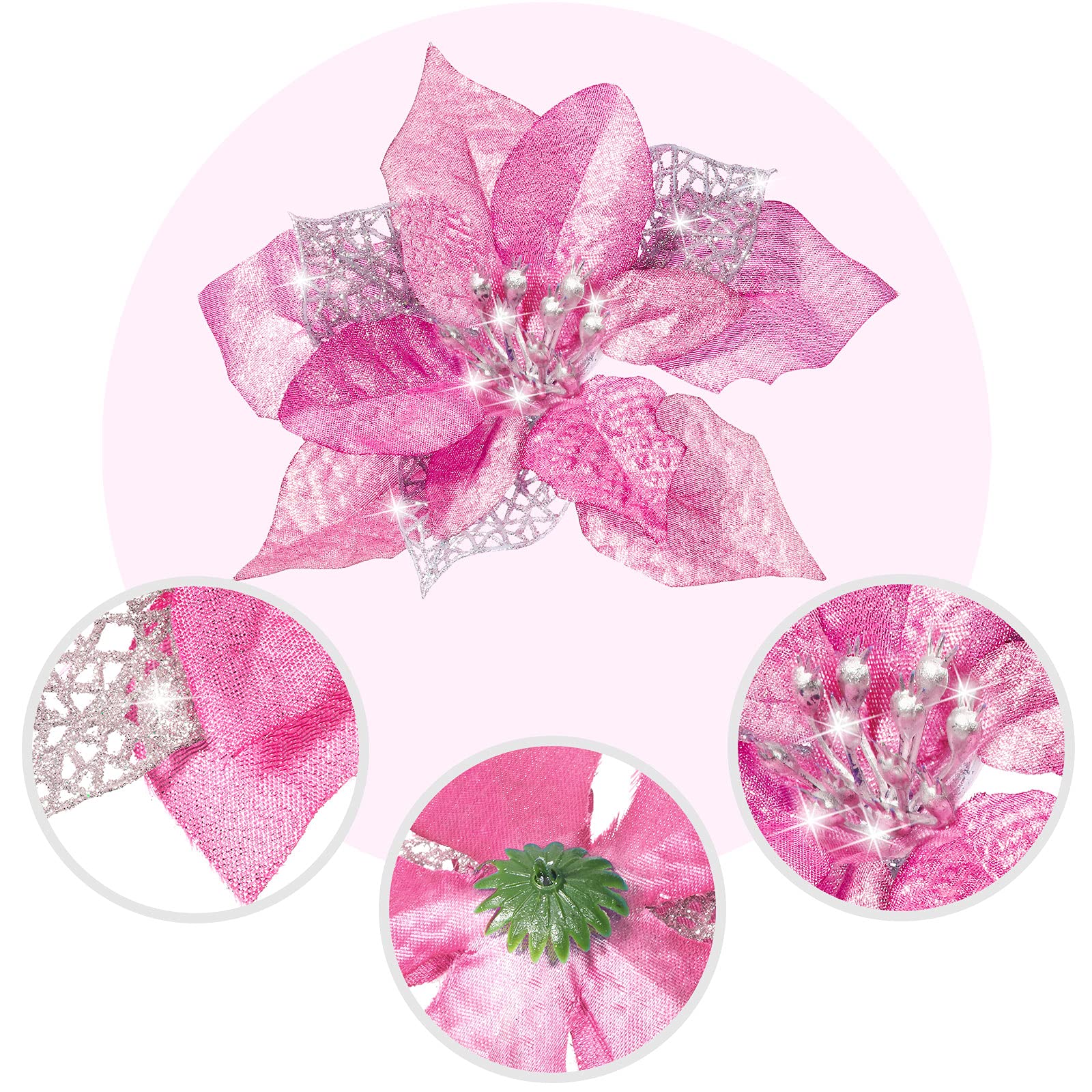 Boao 24 stuks kerst glitter kerstster bloemen glitter kunstmatige kerstbloemen bruiloft kerstboom Nieuwjaar ornamenten (roségoud