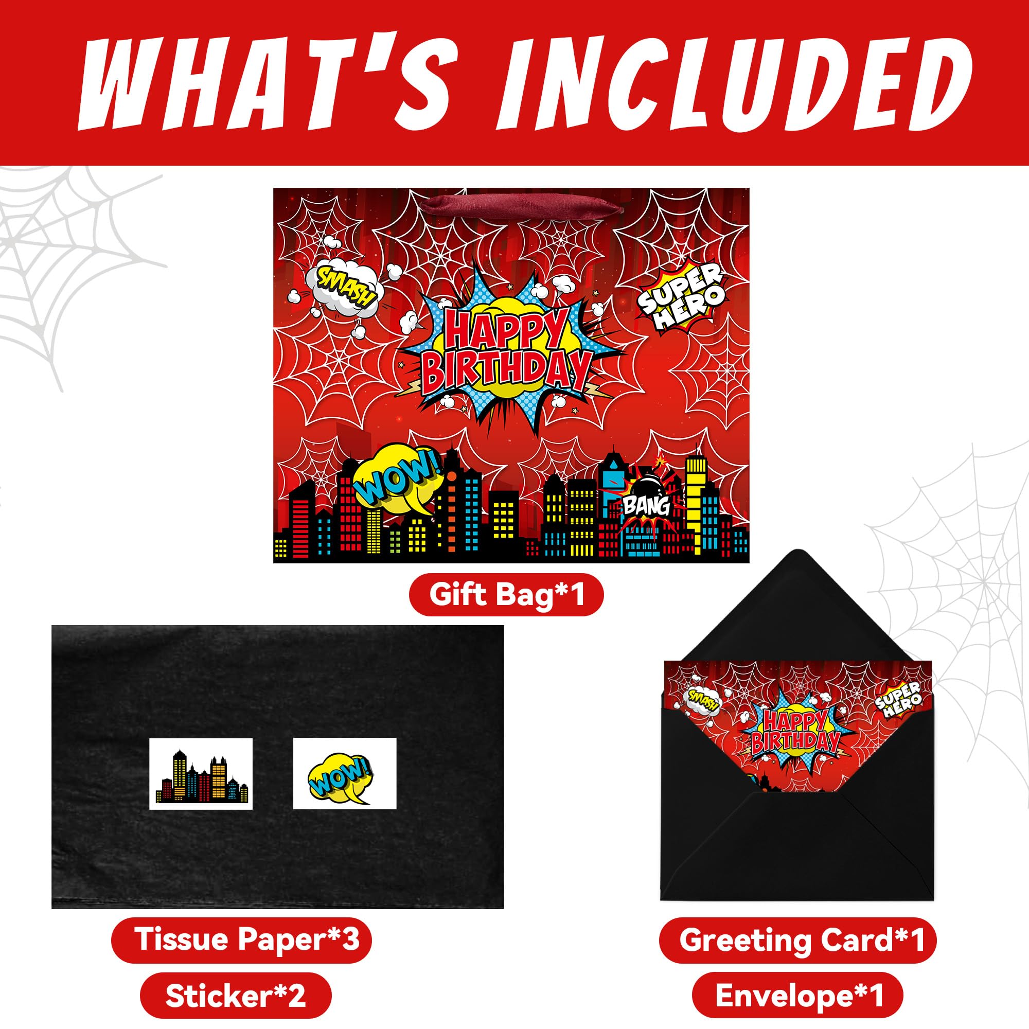 Caoekego 13" Large Spider Gift Bag (includes cards, colored paper, and stickers), Superhero Tote Gift Bag, Cartoon Spider Birthday Party Supplies