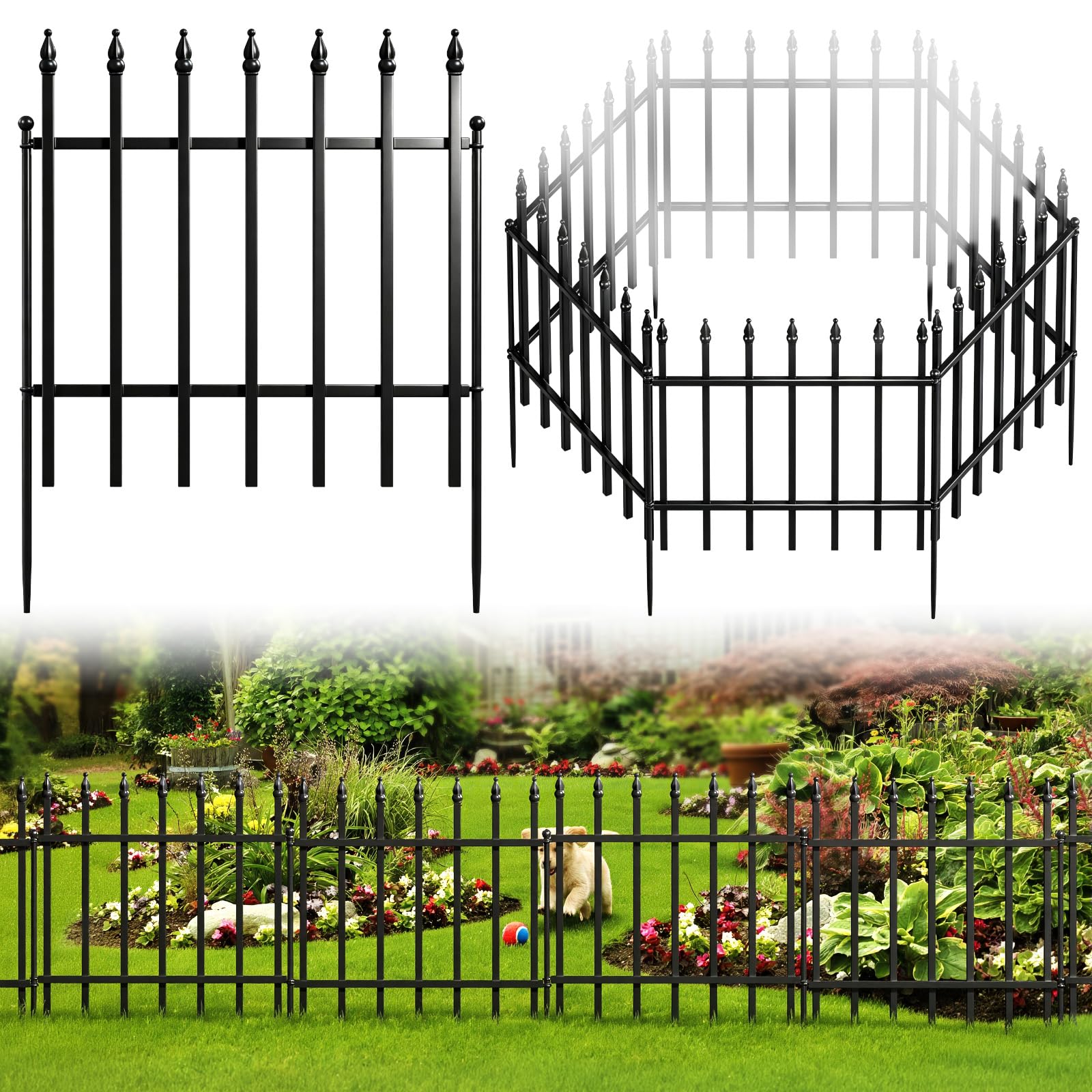 The Fellie Metal Garden Fence 61cm H x 3m L, 5 Pack No Dig Decorative Border Fences, Rustproof Temporary Fencing for Flower Beds, Patio, Lawn & Small Animal Barrier, Black