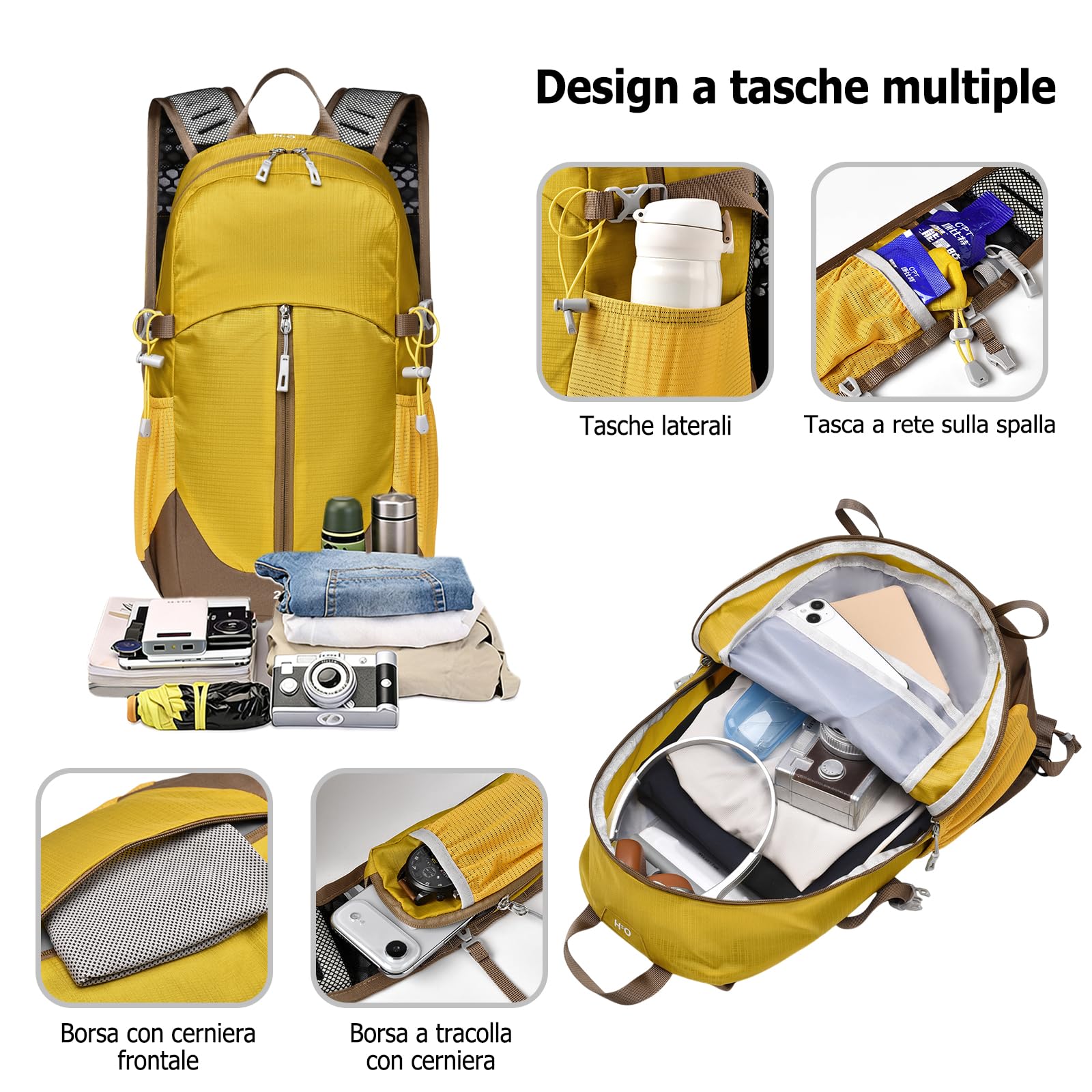 25L Zaino da Escursionismo Zaino Outdoor Impermeabile Sistema Dorsale Traspirante Zaini per Viaggi Camping Uso Quotidianoa Giallo
