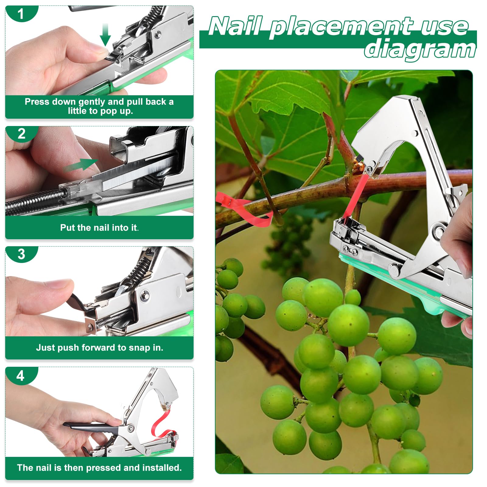Machine à Attacher Les Plantes, Machine à Taper Nouer Branches, Outil Jardinage Machine à Attacher, Machine à Nouer Les Plantes, Pince à Lier, 20 Rouleaux Ruban Adhésif+10000 Agrafes, Vert