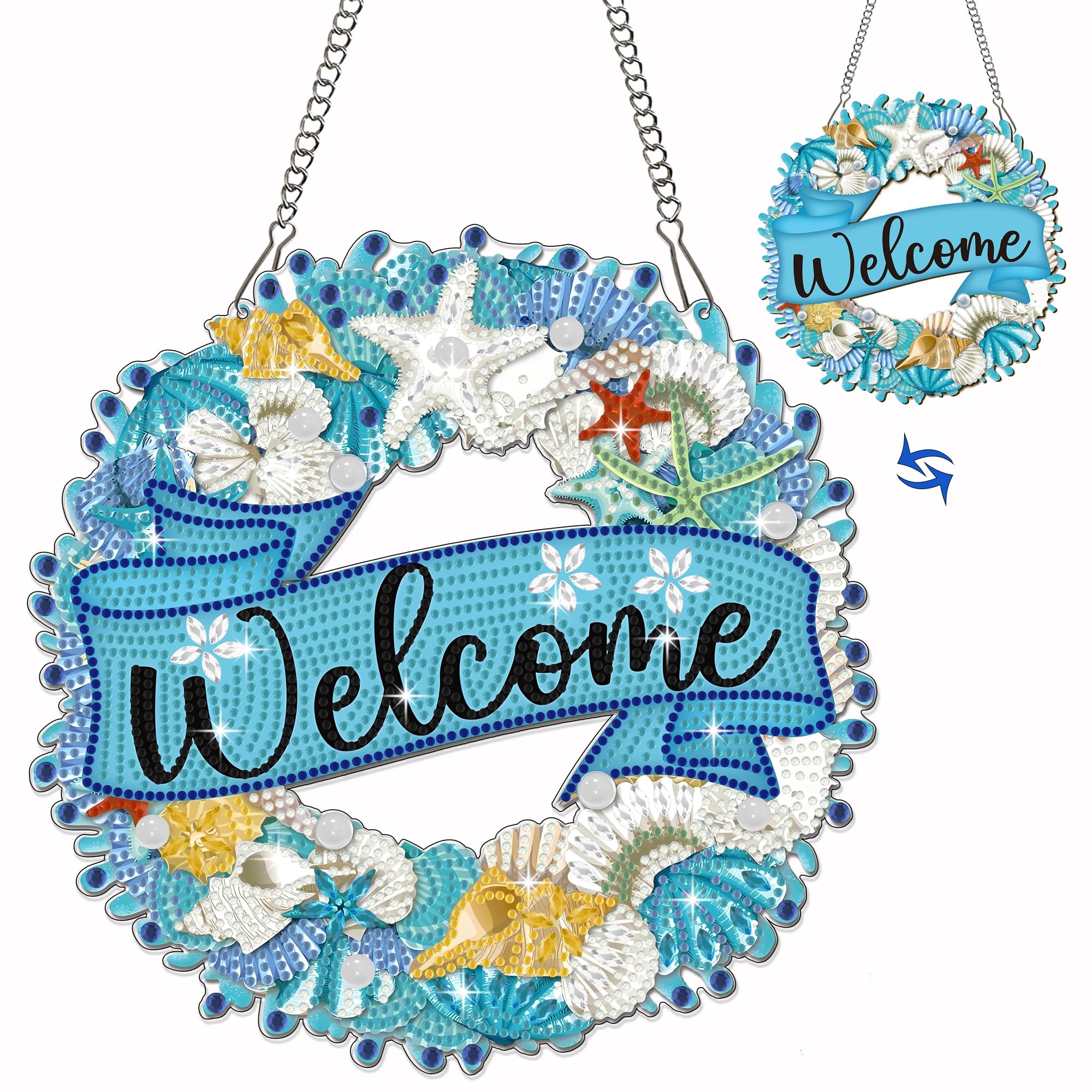 Muzagroo Art Diamond Art Kits for Adults Welcome Sign for Front Door Adults Crafts Special Shaped Crystal Art Home/Farmhouse Porch Décor Diamond Pendant Kit (Welcome)-image-5