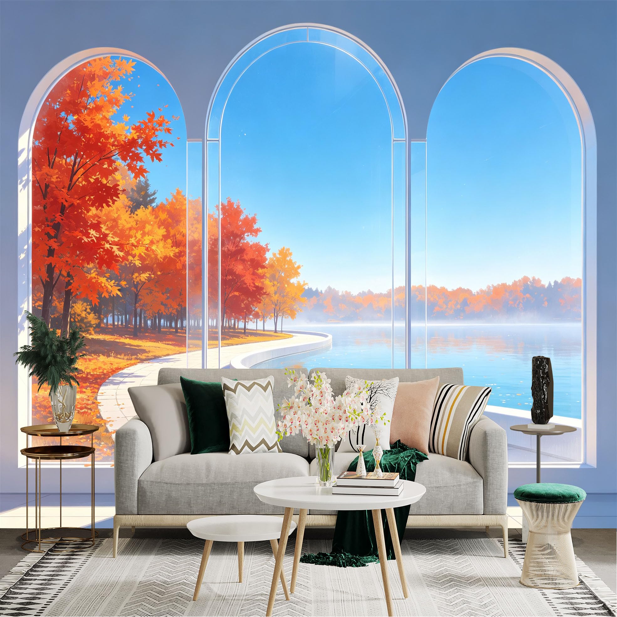 Custom Size Wall Sticker Mural， Arch Window View， Autumn Maple Forest， Serene Lakeside Path， Sunny Blue Sky， for wall Decoration， peelandstick wall Decals.