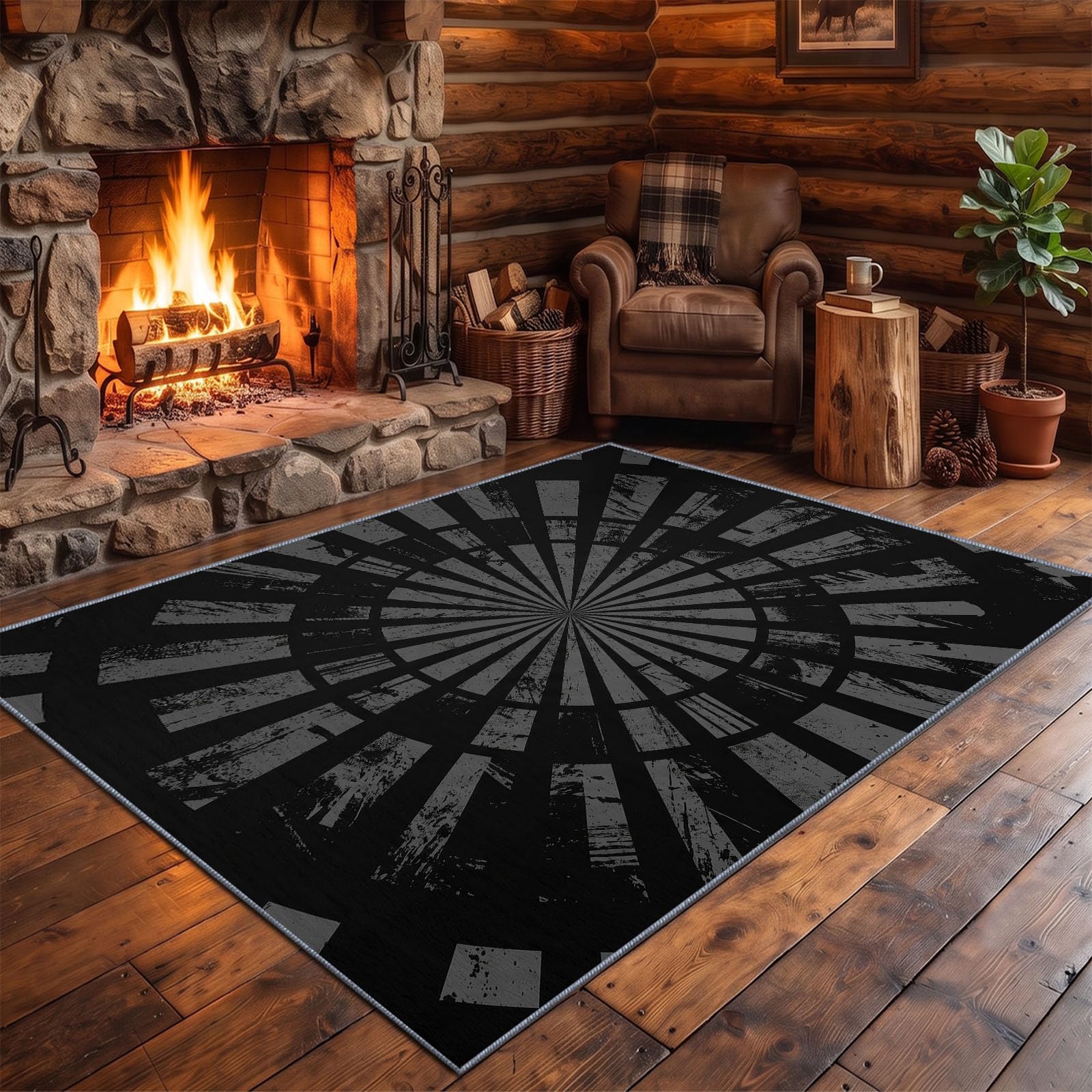 Noir Tapis Salon 140 x 200 cm, Minimaliste Lavable en Machine Tapis | Chambre Antidérapant, Abstrait Anneau Motif Rayonnant Tapise Bureau Salle a Manger, Doux Poil Ras Rug, Cuisine