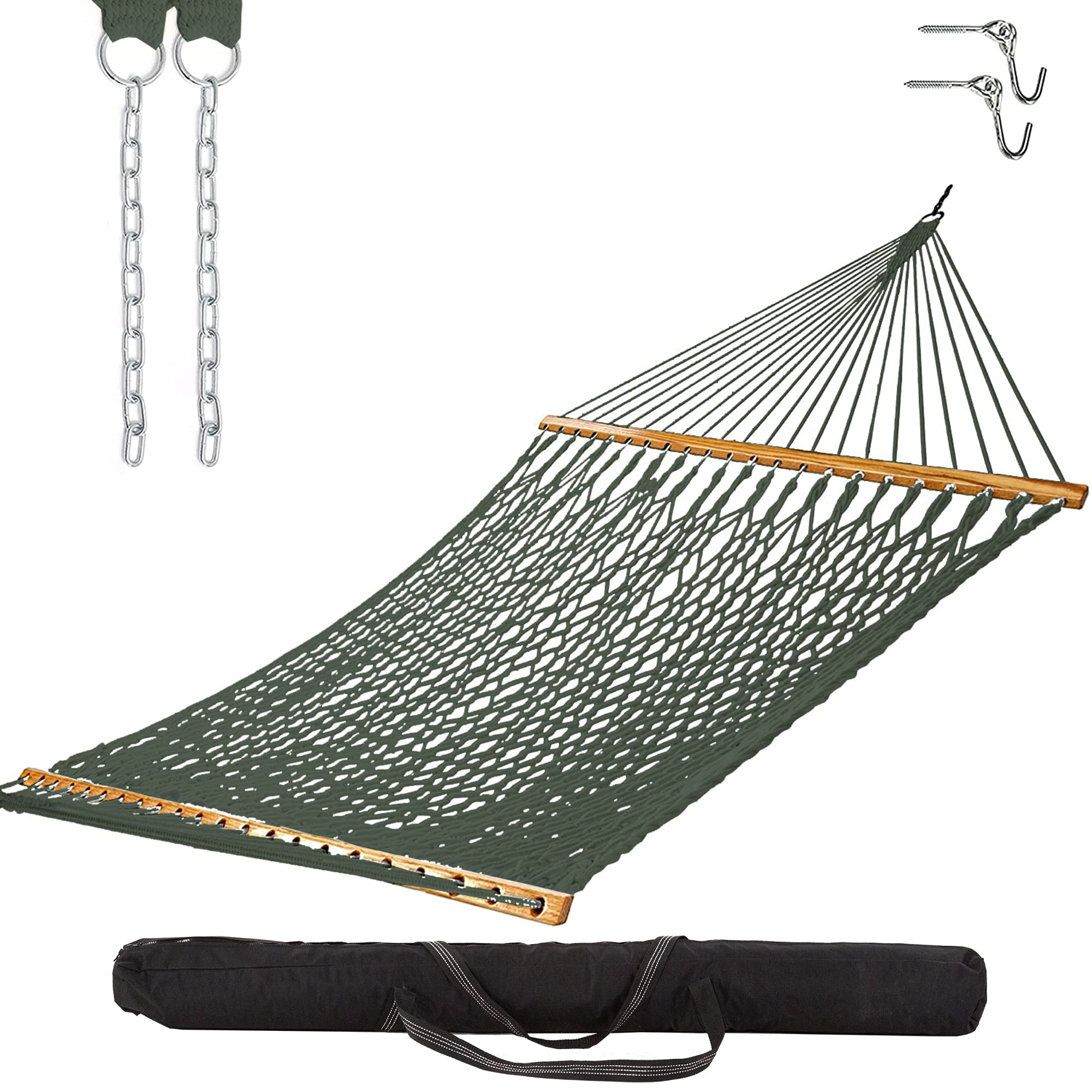 Castaway Living 13 ft. Double Traditional Hand Woven Green Polyester Rope Hammock – 2-Person, 450 lb Capacity, Free Extension Chains & Tree Hooks, Designed in The USA