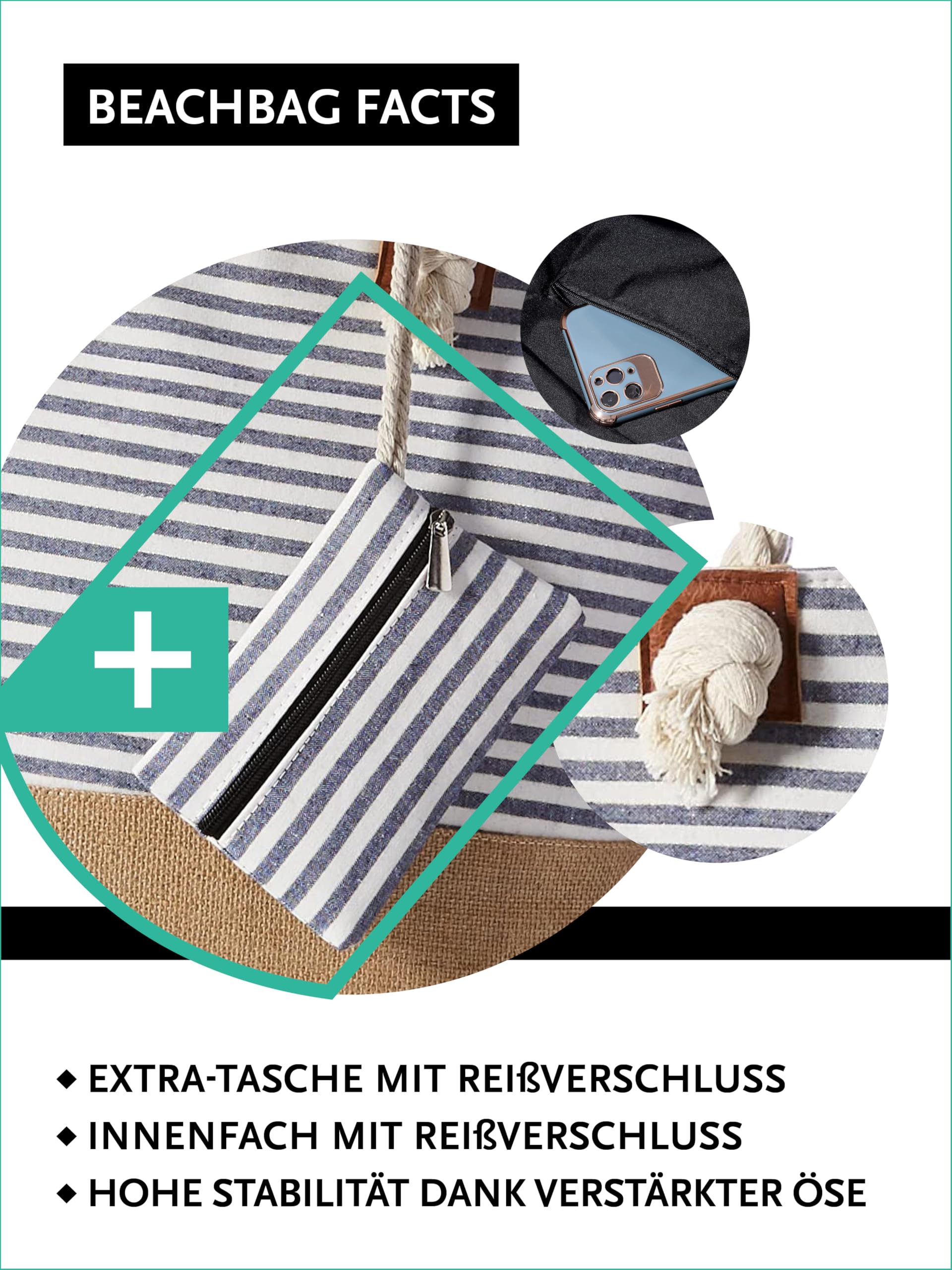 DonDon Strandtasche mit Reißverschluss, Große Strandtasche XXL, Shopper Tasche Damen - Praktische Beach bag Umhängetasche Damen Badetasche für Strand und Meer