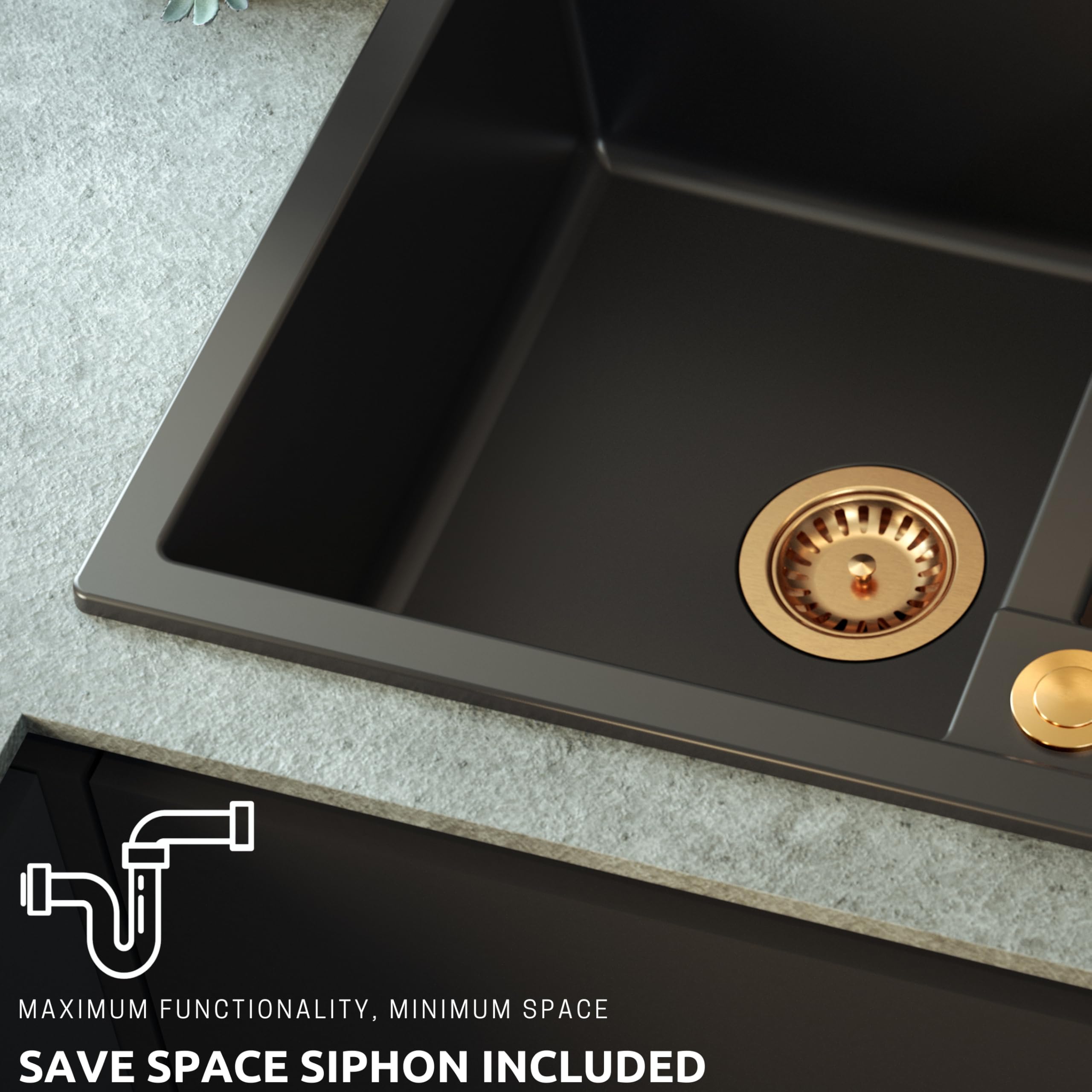 QUADRON fregadero de granito | tamaño 78 x 50 x 22 cm, color: Pure Carbon + Golden | MORGAN 156 fregadero de cocina de dos cubetas con escurridor | con orificio para grifo