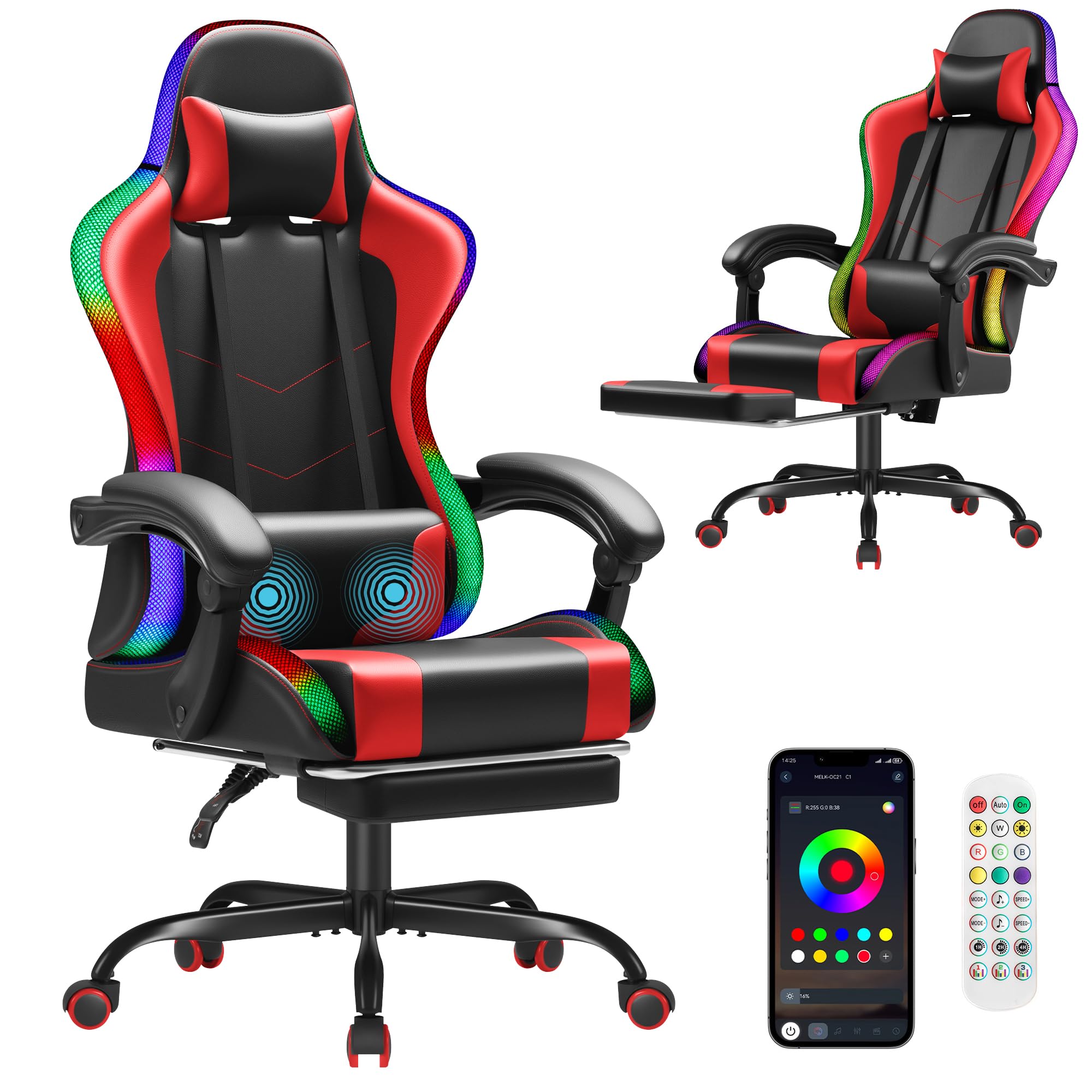 Homall Gaming Chair, Video Game Chair with Footrest and Massage Lumbar Support, Ergonomic Computer Chair Height Adjustable with Swivel Seat and Headrest (RGB Red)