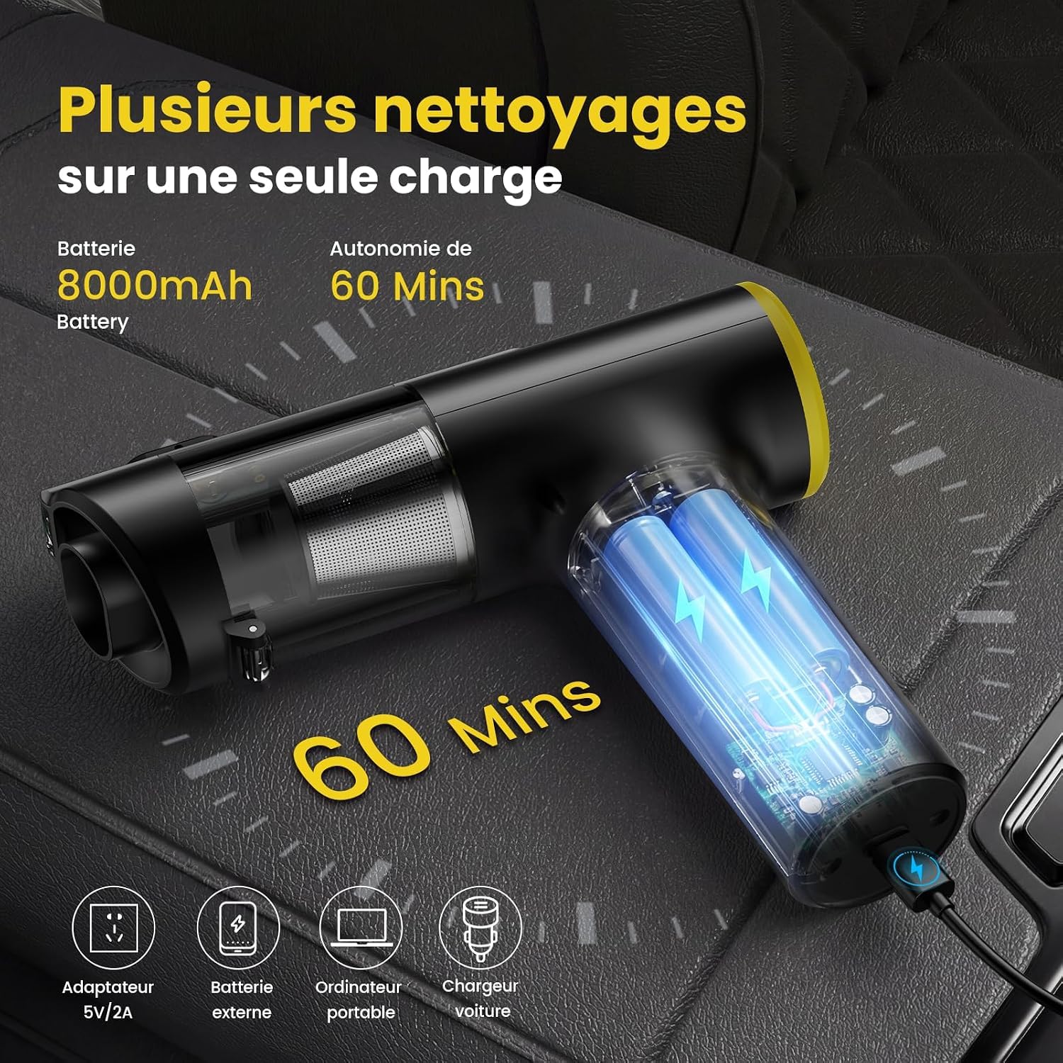 V5 Aspirateur à Main 7-en-1, 28000PA 60Min LED