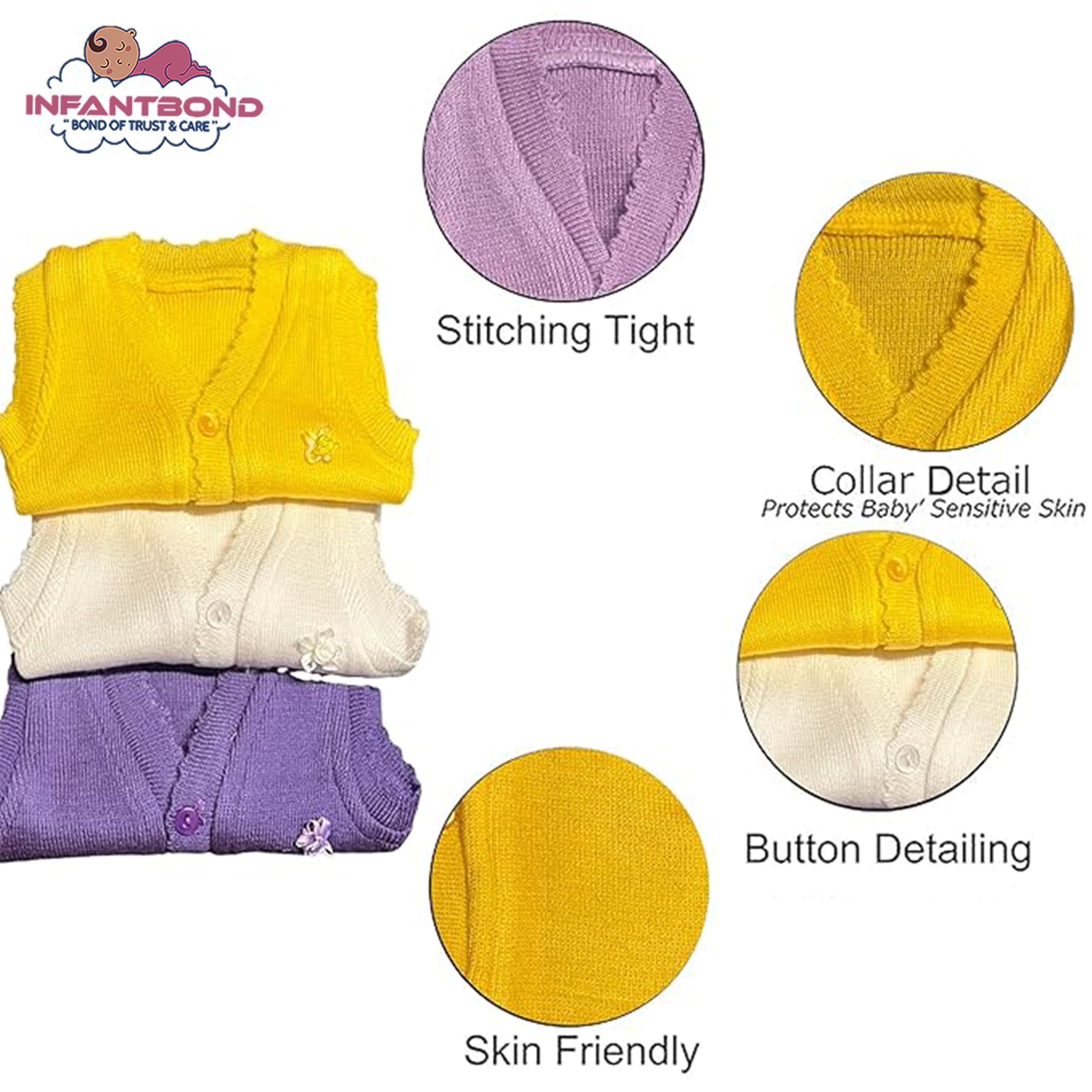 Infantbond New Born Baby Winter Sleeveless Sweater | Inner wear Sweater | Cut sleeves sweater for Baby | Cut sweater (0-2 M) (Pack of 3) (Note: Colours & Designs May Vary) - Image 2 thumbnail