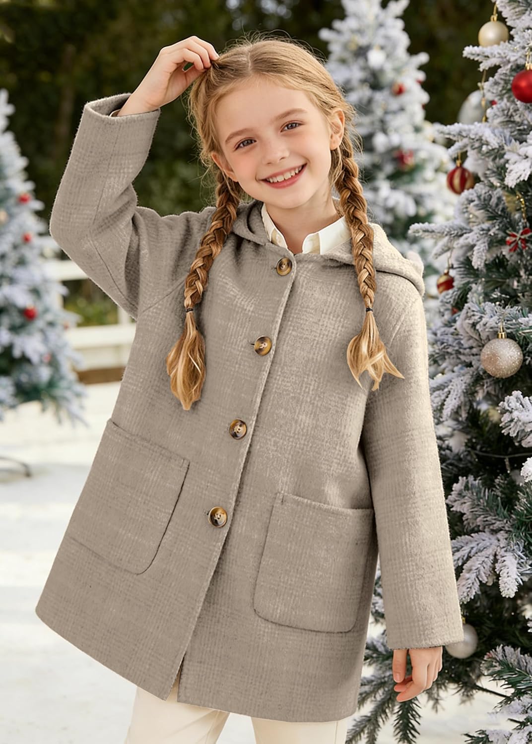 Cromoncent Girls Plaid Dress Coat Wool Single Breasted Fall Winter Outerwear with Hood, 2-12 Years