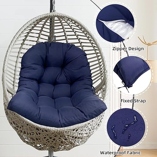 Miniatura 4 de Cojines para silla de huevos colgantes para exteriores, impermeables, color azul marino, cojín para silla hamaca con lazos, almohadillas de repuesto