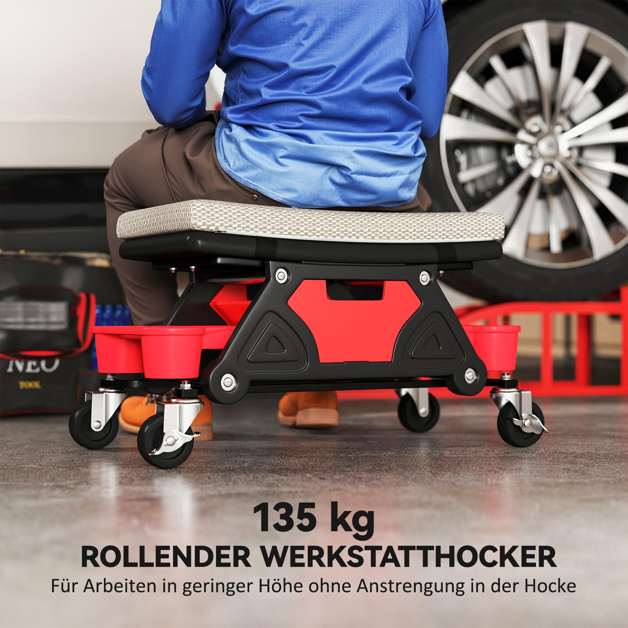 HOMCOM Werkstatthocker mit Rollen Ablagefläche Schublade 35cm hoch Rollhocker bis 135 kg belastbar Arbeitshocker Rollsitz Werkstattsitz für Werkstatt Grau