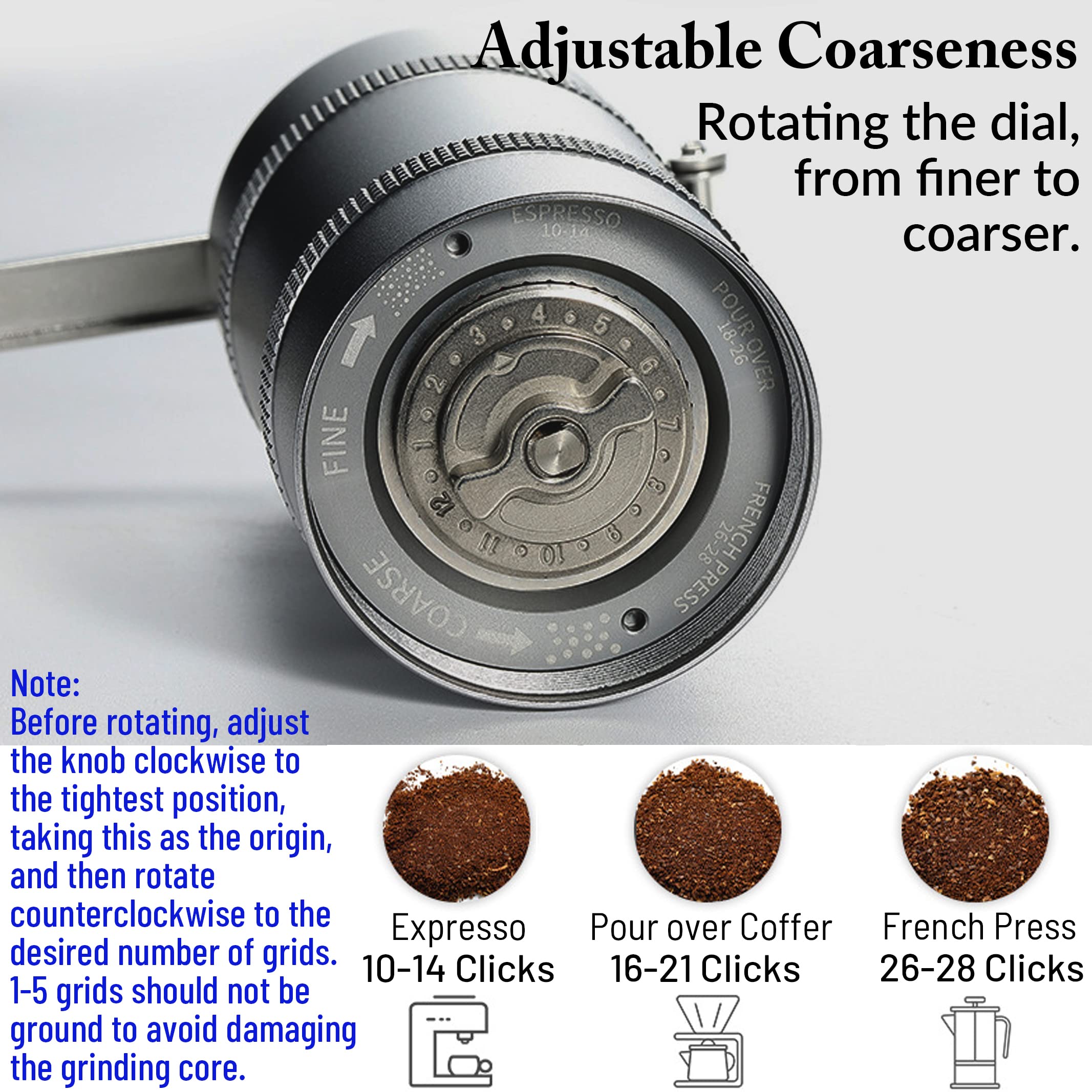 CAMPING MOON Manual Coffee Grinder, Stainless Steel Medium, Adjustable Coarseness, Compact & Portable, 25-27g Capacity - Image 4