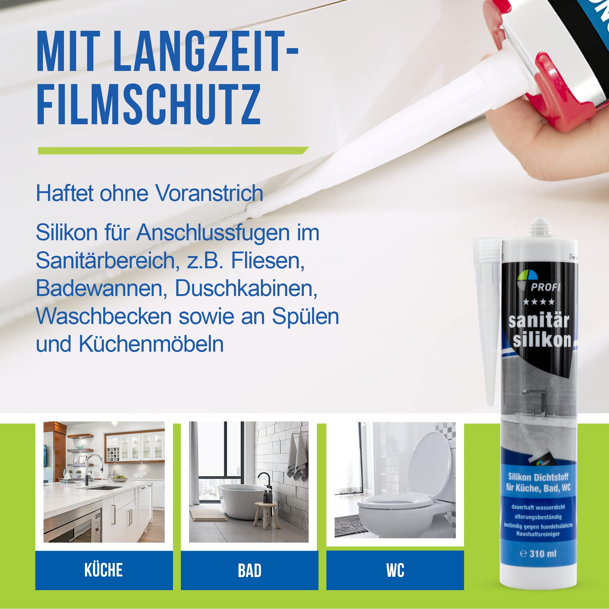 Set aus 12x Profi Sanitär Silikon 310ml, Sanitärsilikon transparent, Dichtstoff wasserdicht, ideal für Sanitärbereich, Küche, Bad, WC, Glas, Fliesen, Keramik