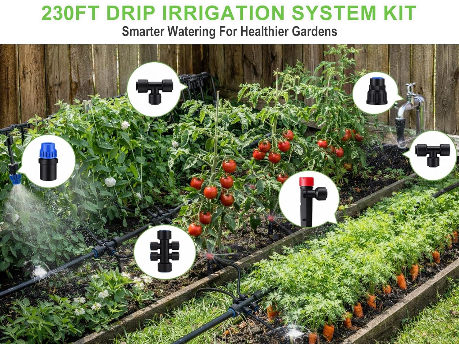 230FT Drip Irrigation System Kit, Quick Push-to-Connect Garden Watering System with 1/2'' & 1/4'' Tubing, Adjustable Drippers & Sprayers, Auto Irrigation System for Raised Bed, Lawn, Greenhouse