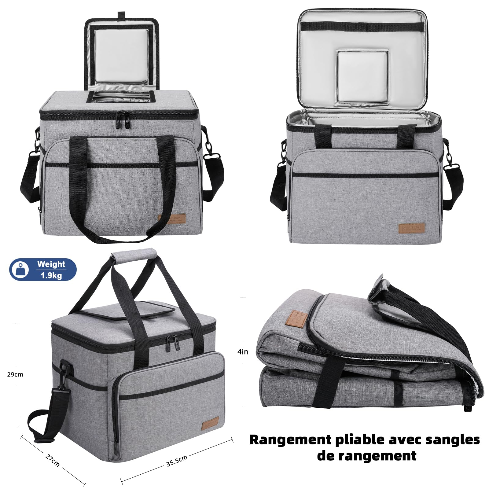 ALLCAMP Sac Isotherme Pliable 30 L avec 2 Blocs Réfrigérants, Gris | Jusqu'à 24h de fraîcheur, ouverture d'accès, doublure thermosoudée étanche, renforts latéraux pliables, entretien facile