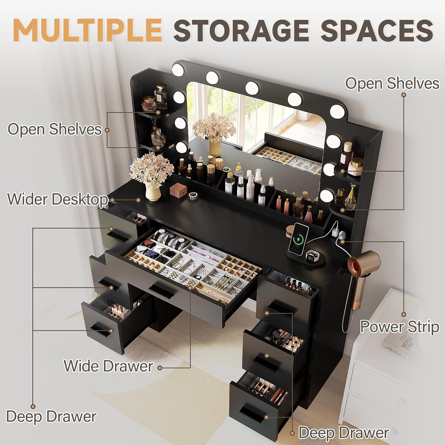 Diagram illustrating multiple storage spaces including open shelves, wider desktop, wide drawer, and deep drawers