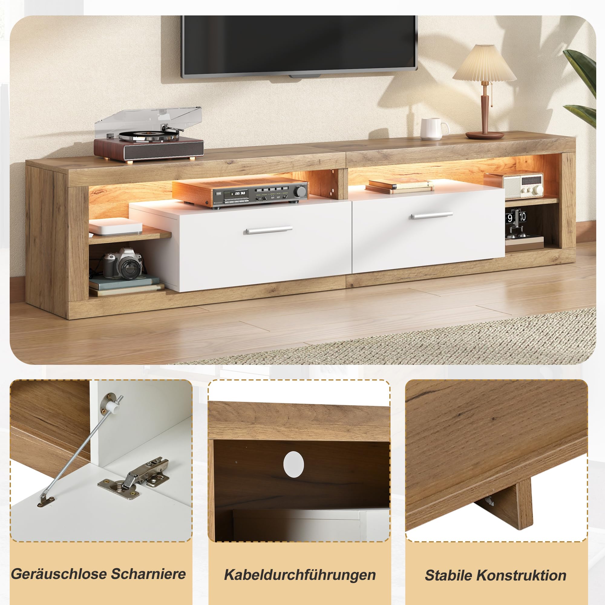 Meuble TV 180 cm, Meuble Tele avec LED Connectée (APP), 2 Tiroirs, 4 Étagères Ouvertes, pour TV 75 Pouces, Bois Clair et Blanc, 180x35.5x50 cm