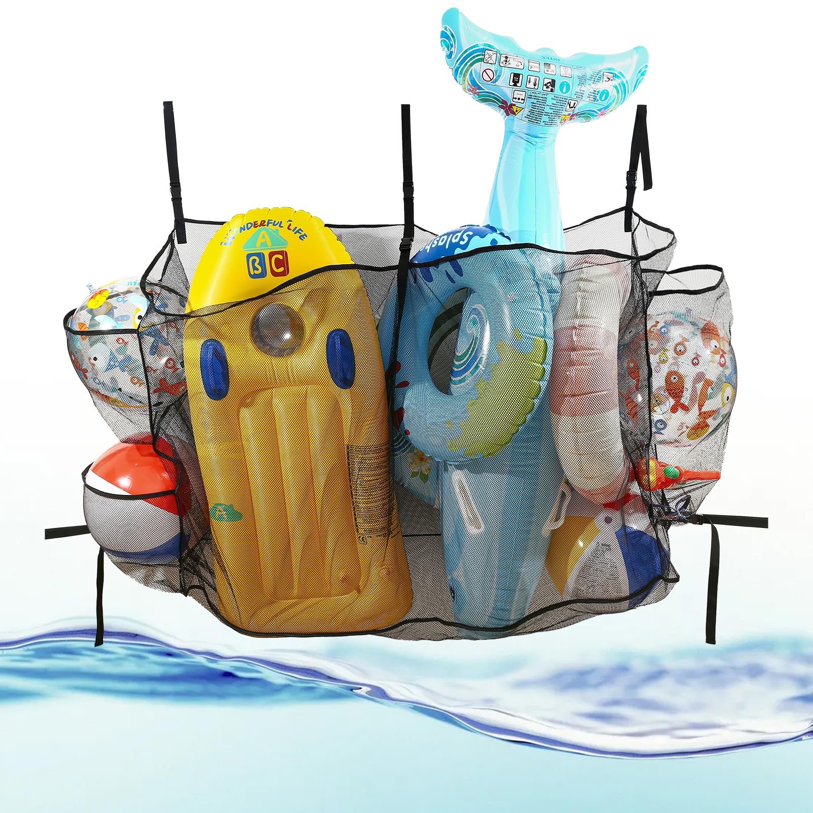 Cestino portaoggetti per piscina con 3 tasche laterali e cinghie inferiori, sacchetto impermeabile in rete per giocattoli da piscina (148 x 40 x 95 cm), adatto per gadget da piscina, conservazione e