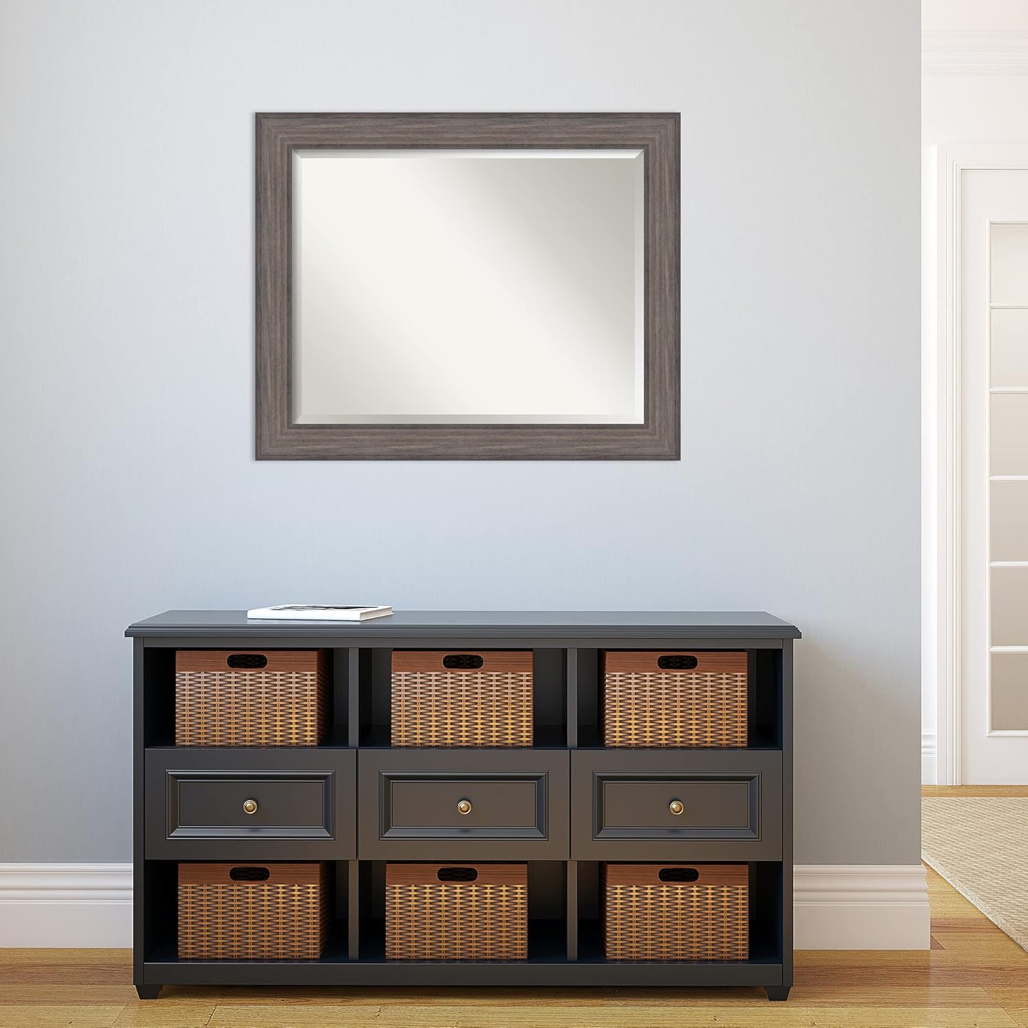 Amanti Art Grey Wall Mirror 27x33 Country Barnwood Rectangle Bathroom Mirror for Wall Decor Living Room, Large Country Rustic Wood Frame, Hangs Horizonally and Vertically, Bathroom Decor, Beveled Edge