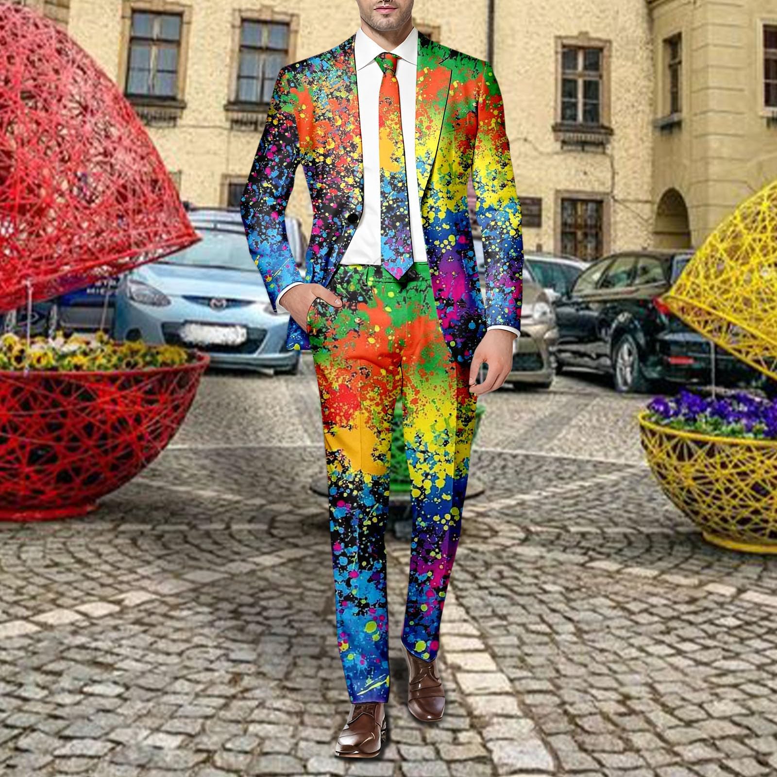 Anzug Herren Lustiger Masken Anzug Prom Suits FaschingskostüMe Mit Bunten Drucken 60Er Jahre Pop Art Style Outfit Party Jacke Und Hose Karneval Mottoparty Mardi Gras KostüM
