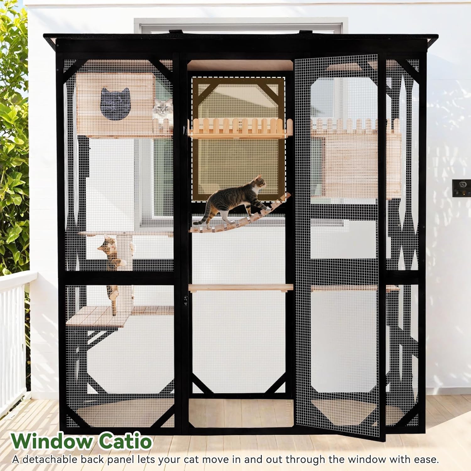 Catio Outdoor Cat Enclosure Wooden Cat House for Mulitiple Cats Walk-in Cage Window Acess with Heavy Duty Weather-Proof Asphalt Roof