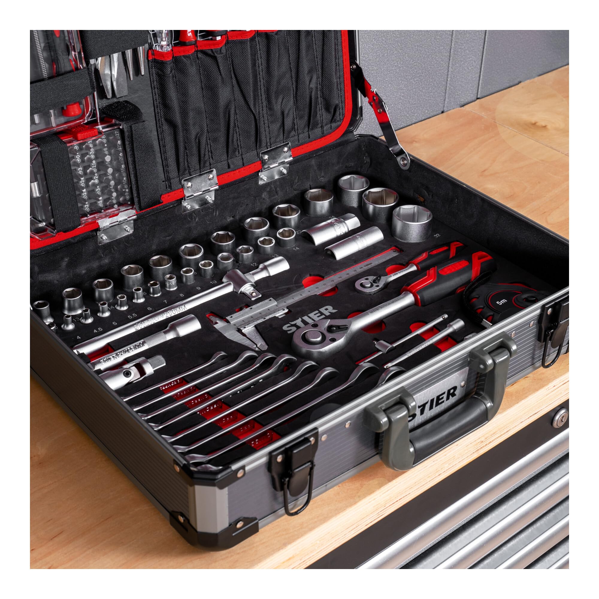 STIER Mallette à outils complète, boîte à outils en aluminium de 144 pièces, outils universels pour les réparations quotidiennes, y compris tournevis, ciseaux, pinces et scies