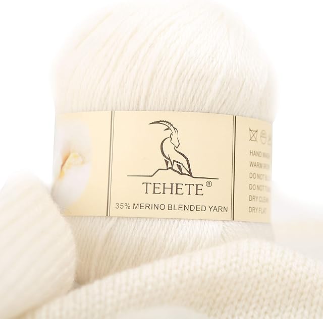 TEHETE Merino Wool Yarn for Knitting and Crochet 35% Merino Blended Yarn, 3ply 50g Ball 250m, Soft -White
