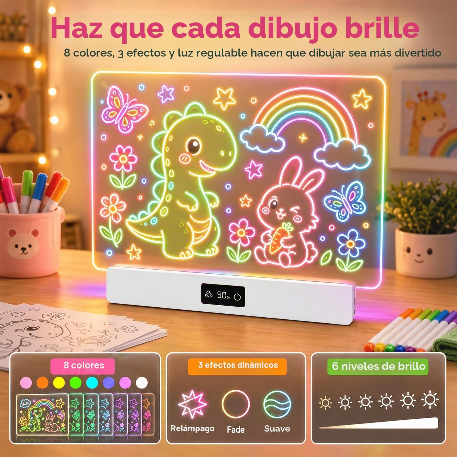 OUTON Pizarra LED para Dibujar Niños con 8 Colores y 3 Modos de Luz | Pizarra Luminosa Reutilizable con 7 Rotuladores y Plantillas, Juguete Creativo para Niña y Niño, USB-C