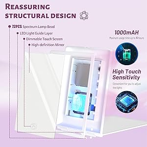 Haikopoon Travel Makeup Mirror with Lights, Rechargeable Portable Folding Compact Mirror, Lighted Makeup Mirror with 72 LEDs 3 Color Light Modes, Dimmable Touch Screen LED Vanity Mirror with Lights