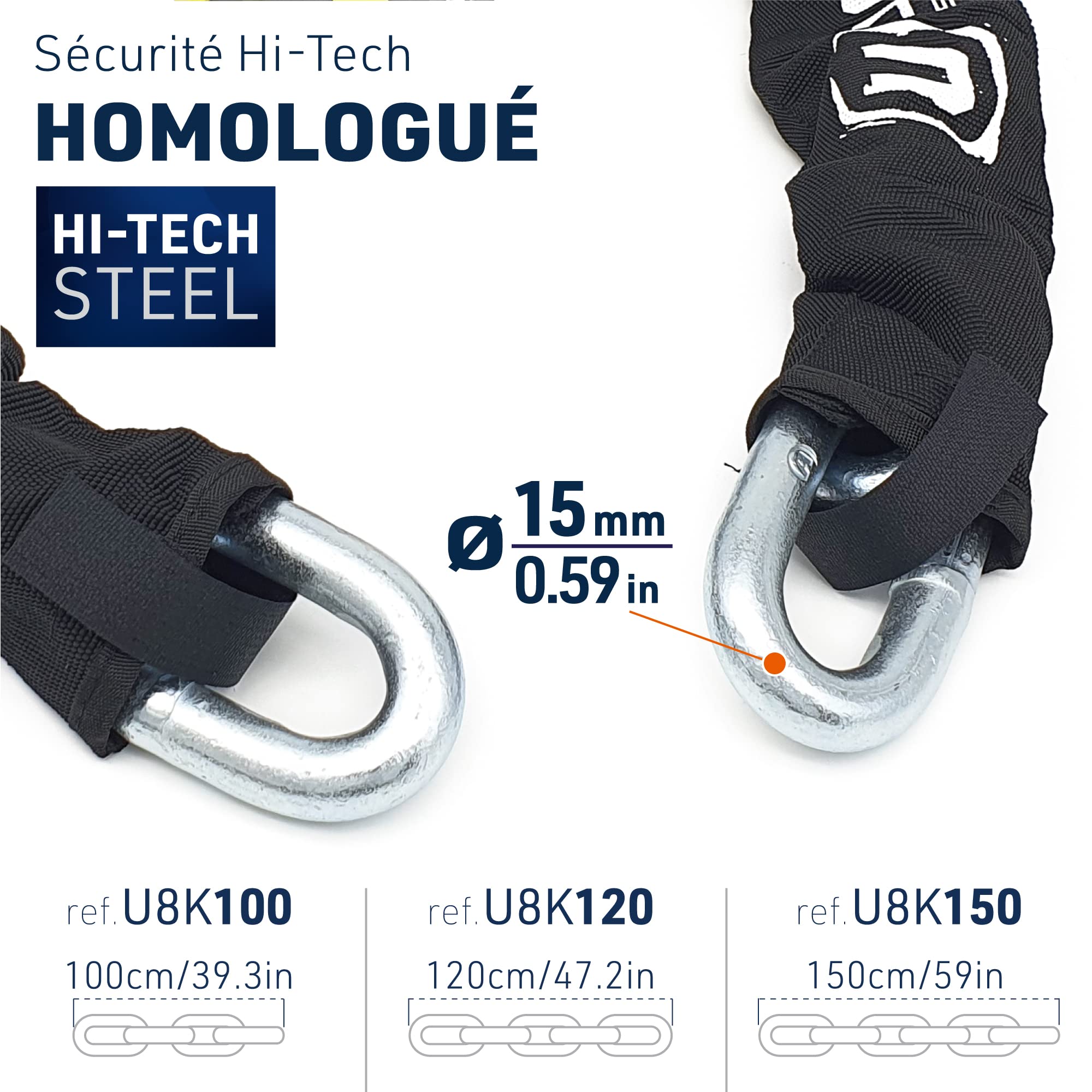 URBAN U8K150 Antivol Moto Chaîne Homologué SRA, Sécurité Maximale Niveau 20, Ø15mm Acier Trempé, Double Verrouillage, Serrure Anti-Crochetage, Fixation Garage, Antivol Vélo Électrique Scooter, 150cm