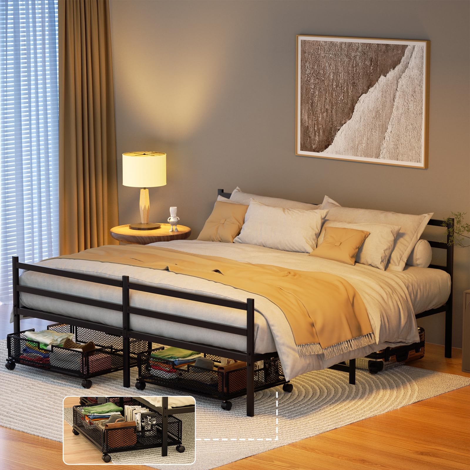 WASAGUN Queen Bed Frame with Headboard and Footboard,Metal Bed Frame,Underbed Storage Drawers with Runners,Wrought Iron Platform Bed,Strong Metal Slat Support,Noise Free,Easy Assembly