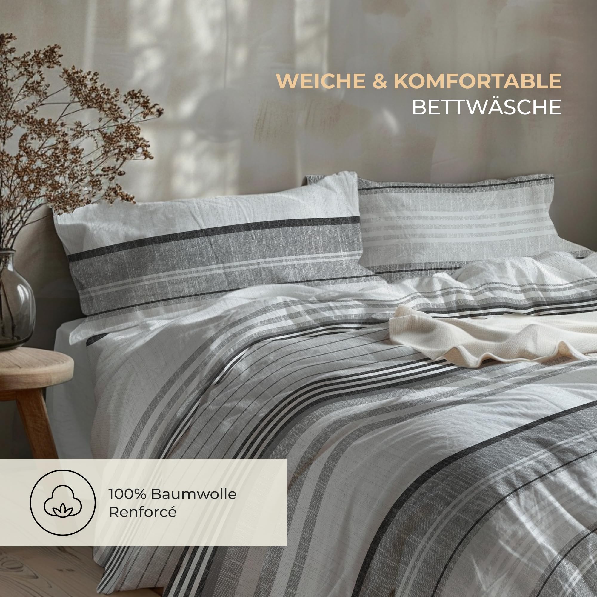 Pościel premium 135 x 200 – 100% bawełna, certyfikat Öko-Tex, Renforcé oddychająca i antyalergiczna, z zamkiem błyskawicznym, 2-częściowa poszewka na poduszkę 80 x 80 cm, szara, biała