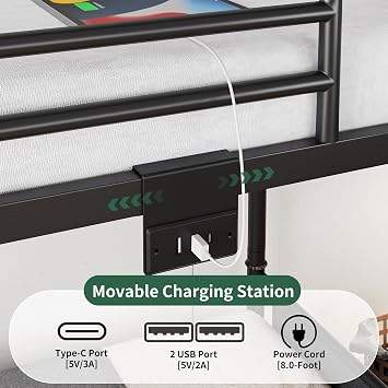 Jocoevol Metal LED Bunk Bed Twin Over Twin with 2 Storage Drawers, USB Charging Station, Industrial Bunkbeds Heavy Duty Bed with Safety Guardrail and Ladder, No Box Spring Needed, Black
