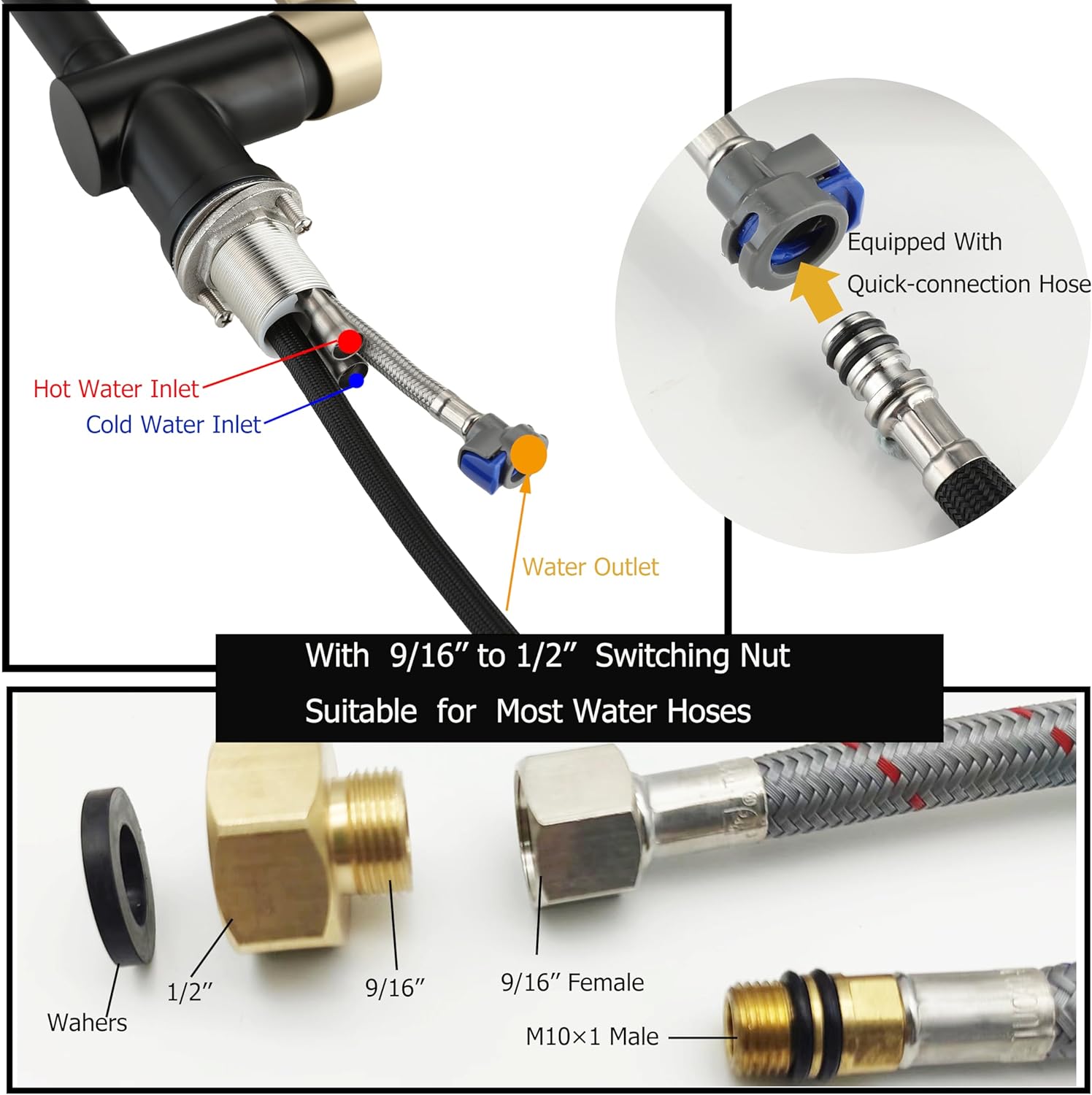 Black and Gold Stainless Steel Pull Down Kitchen Faucet with Sprayer