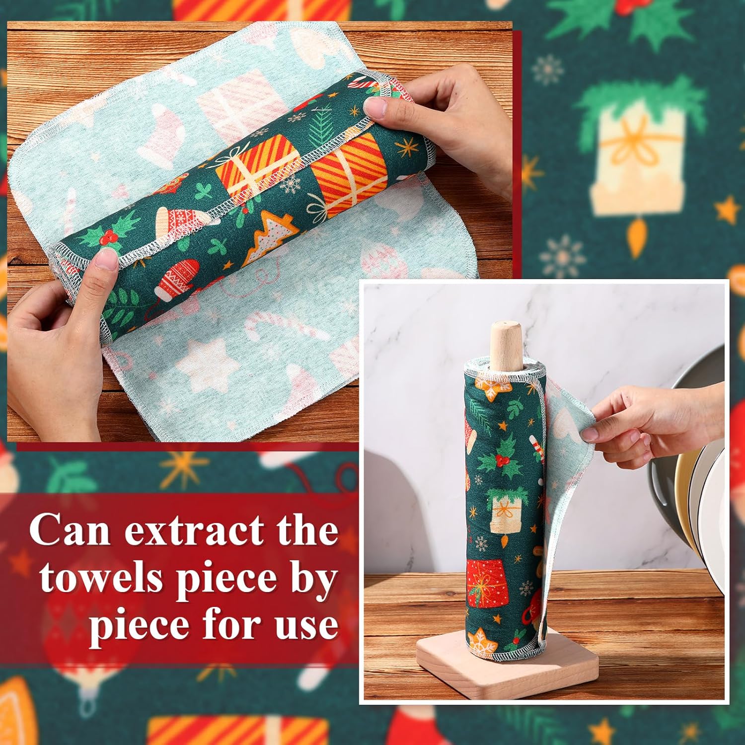 Redbaker 50 Pcs Reusable Paper Towels Paperless Reusable Cotton Cloths Toilet Absorbent Washable Paper Towels with Roll Kitchen Dishcloth for Kitchen Paperless Dishcloths(Christmas Style)