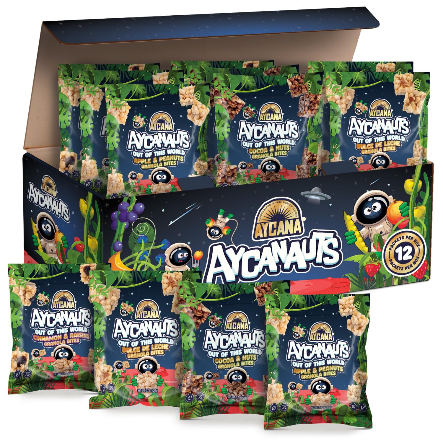 Aycanauts Galaxy Bites Mix – Granola Bites – Cocoa & Nuts, Dulce de Leche, Apple & Peanuts, Cinnamon & Raisins – Gluten-Free, Vegan, Plant-Based, High