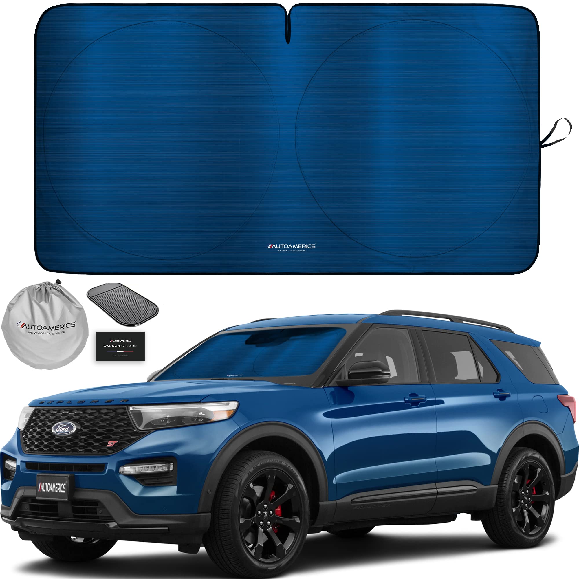 Autoamerics 1-Piece Windshield Sun Shade - Metallic Blue Foldable Car Front Window Sunshade for Most Cars SUV Truck Heat Blocker Visor Protector Blocks Max UV Rays and Keeps Your Vehicle Cool - Medium