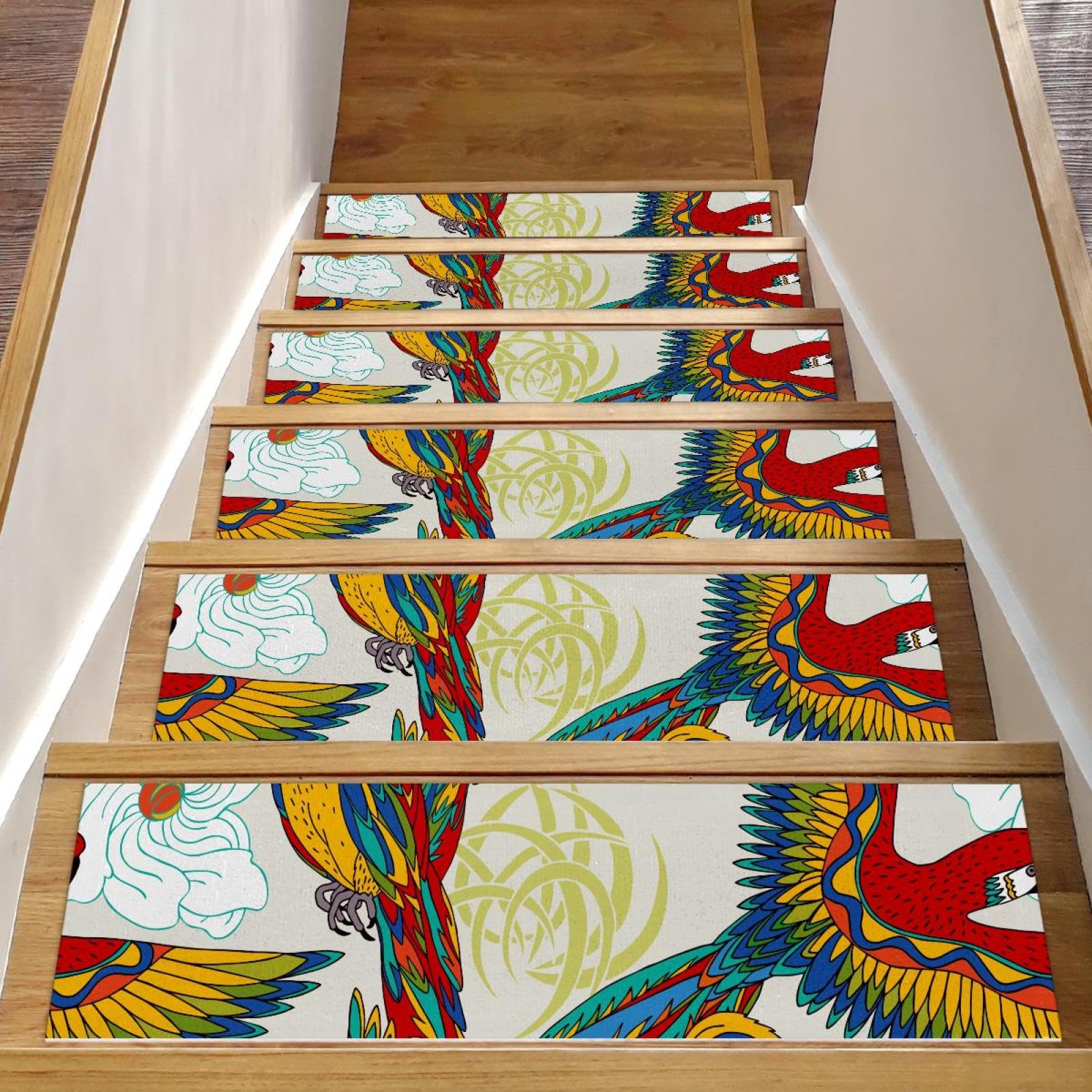 Tapis d'escalier antidérapants anti-chute oiseaux colorés en bois