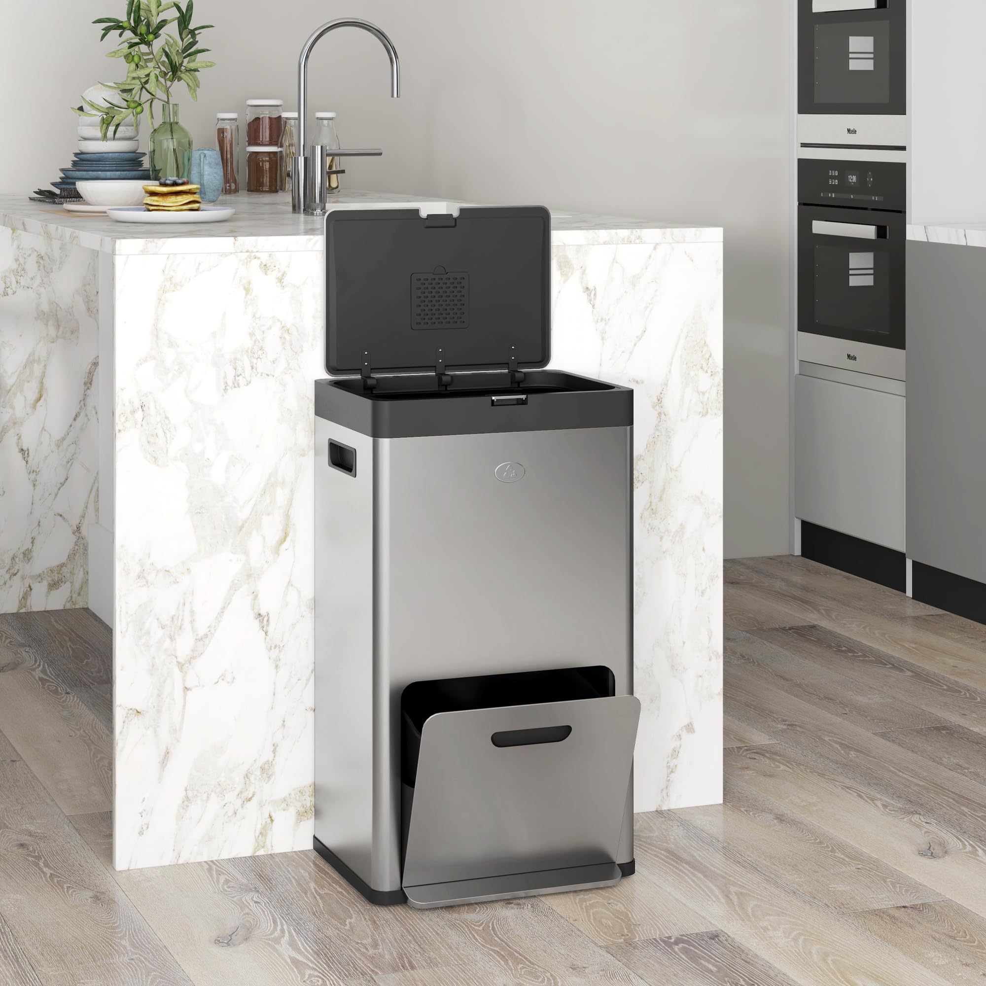 HOMCOM Poubelle de Cuisine Tri Sélectif 56L Acier INOX 410 Argent | Roulettes Recyclage, 3 Compartiments, Fermeture Douce, Pédale Large, Anti-Odeurs
