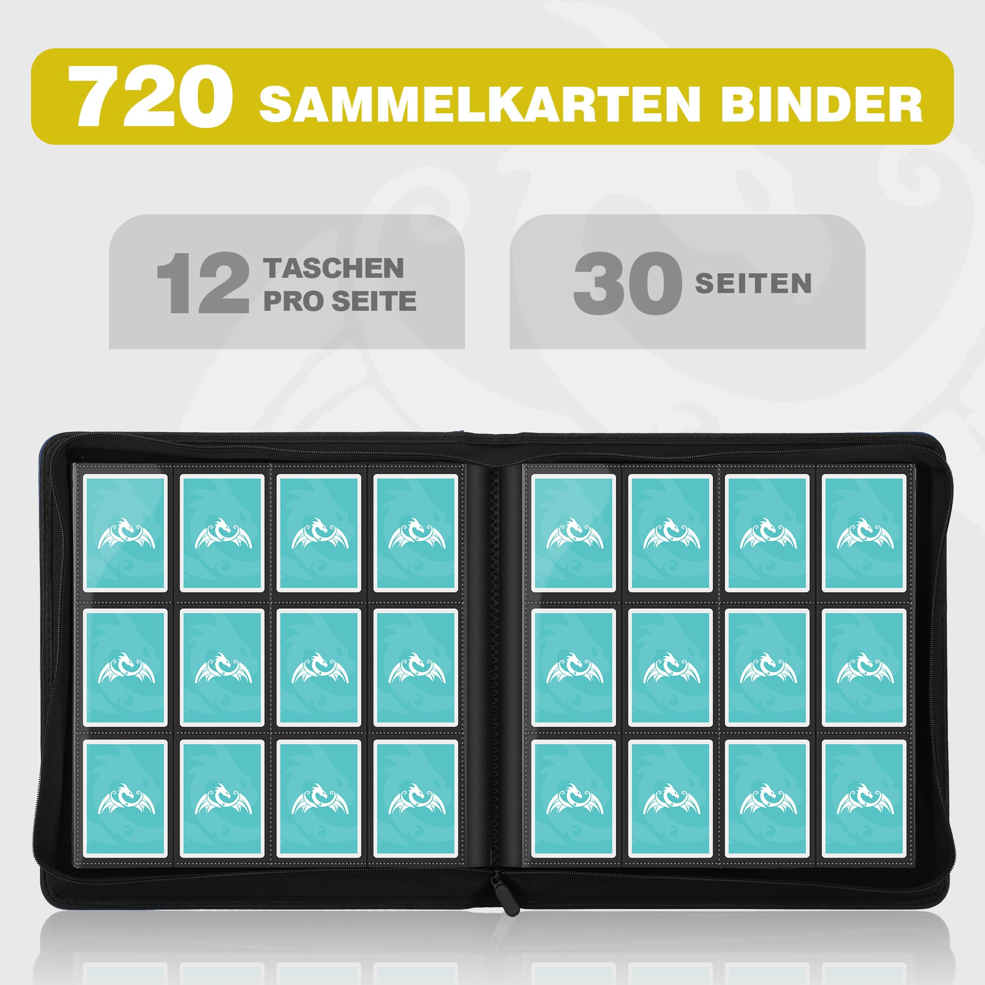 TCGPRO Album de cartes à collectionner 12 compartiments pour jusqu'à 720, reliure avec fermeture éclair sur le côté pour taille standard, album de cartes à collectionner pour jeux de cartes à