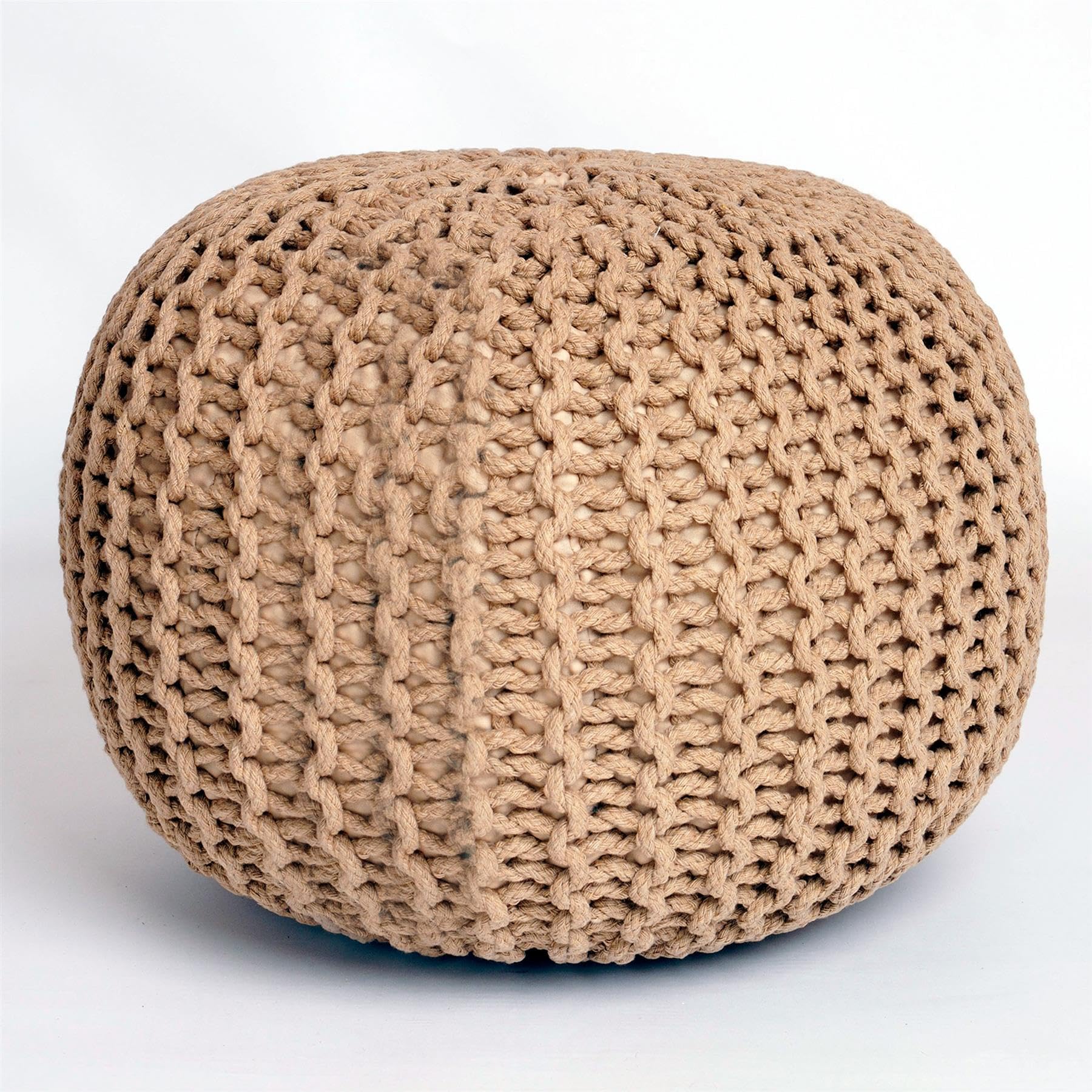 Roseley Round Chunky Knitted Pouffe Footstool Braided Cotton Ottoman Resting Feet 50cm Comfy Filled Bean Seat 50cm Light Foot Stool Living Room Decor Firm Support For Children Elderly [Tan]