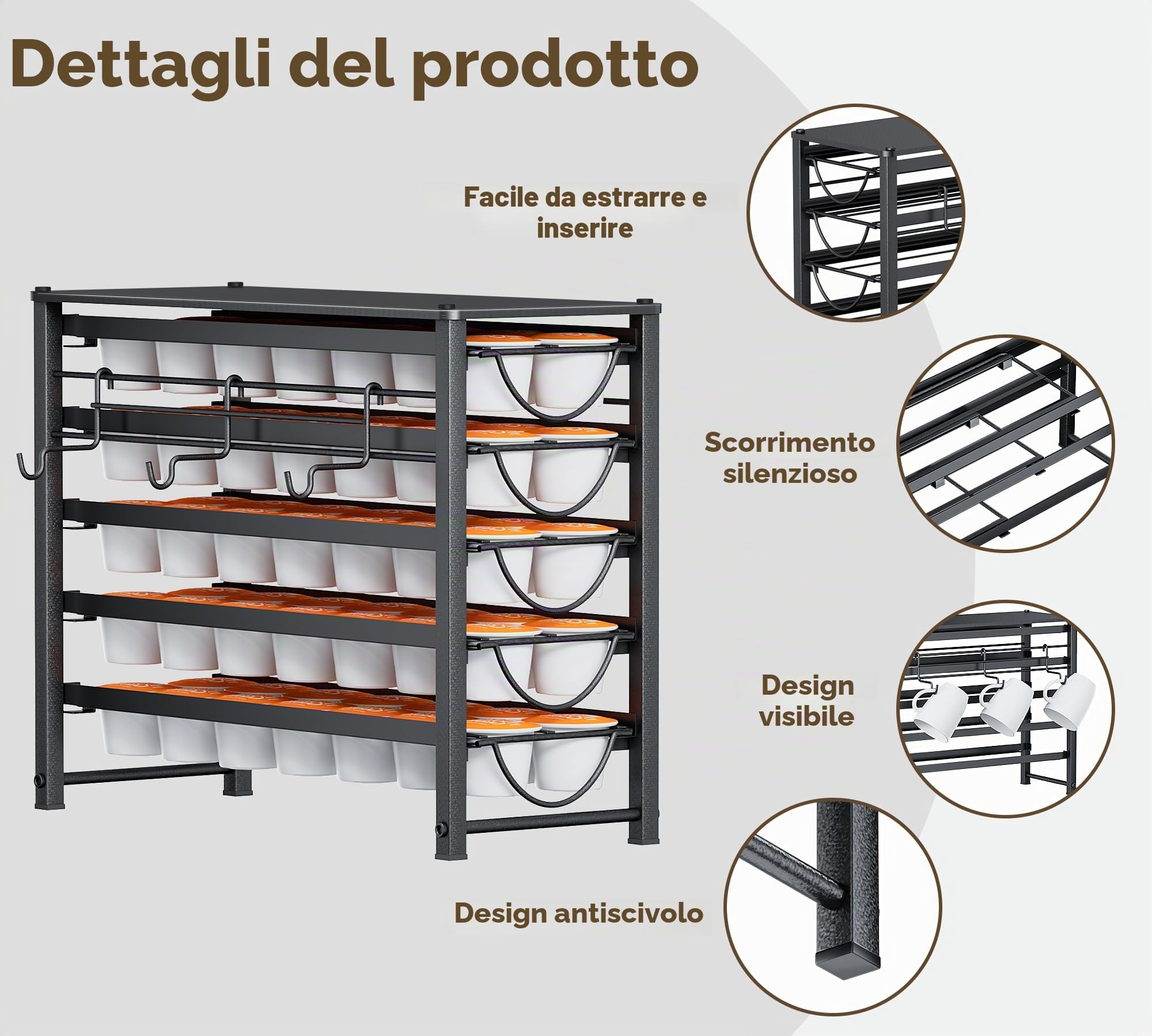 HFHOME Cassetto Porta Capsule Caffè a 5 Livelli, 70 Porta Cialde Capsule per Dolce Gusto, Porta Cialde con Scorrimento Silenzioso, Portacapsule in Metallo per Piccoli Spazi in Cucina