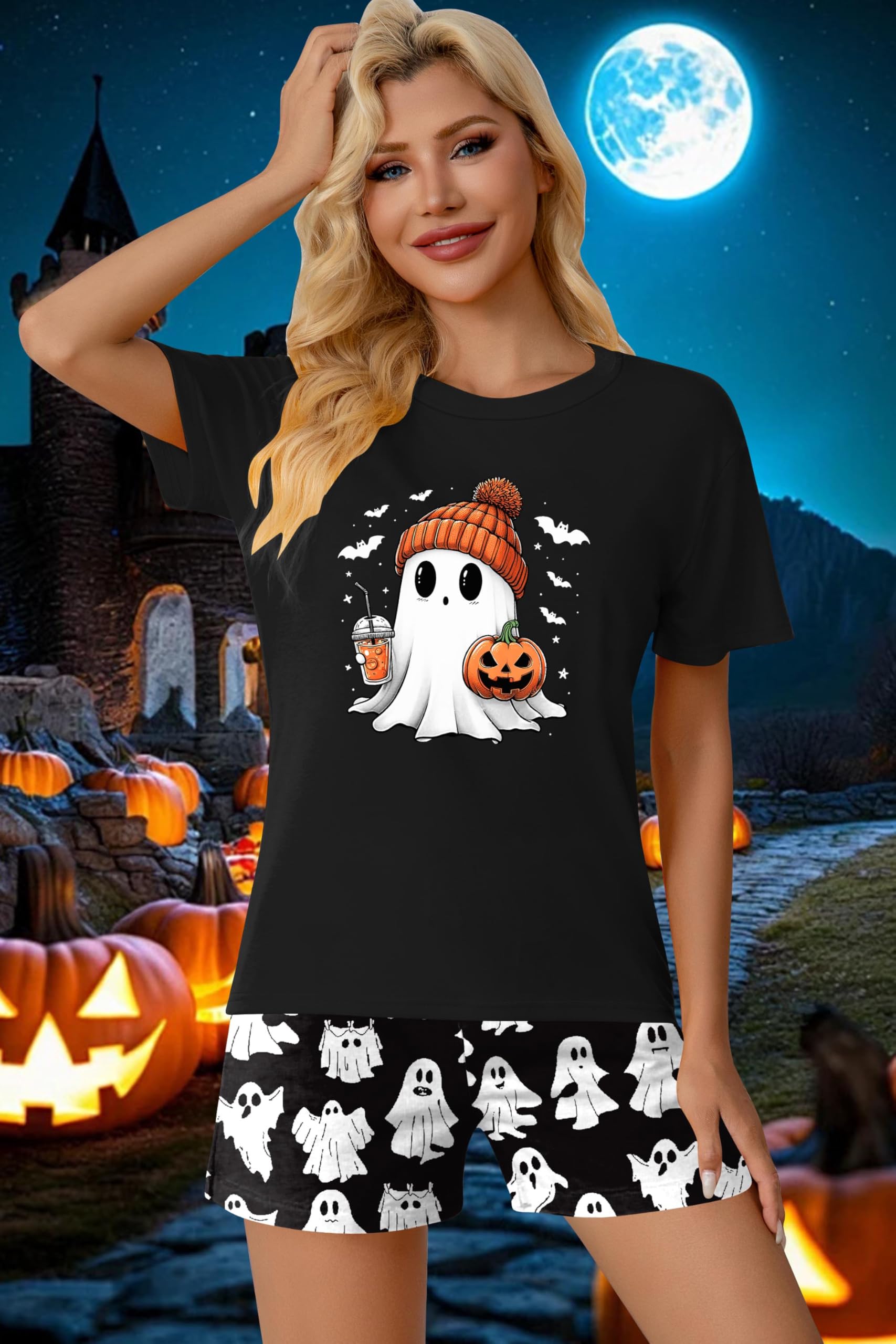 tiorhooe Piżama damska na Halloween, z krótkim rękawem, dwuczęściowa | Zestaw wypoczynkowy, oddychająca tkanina, motywy dyni, krótkie spodnie, bardzo wygodne dopasowanie, idealne na imprezy i