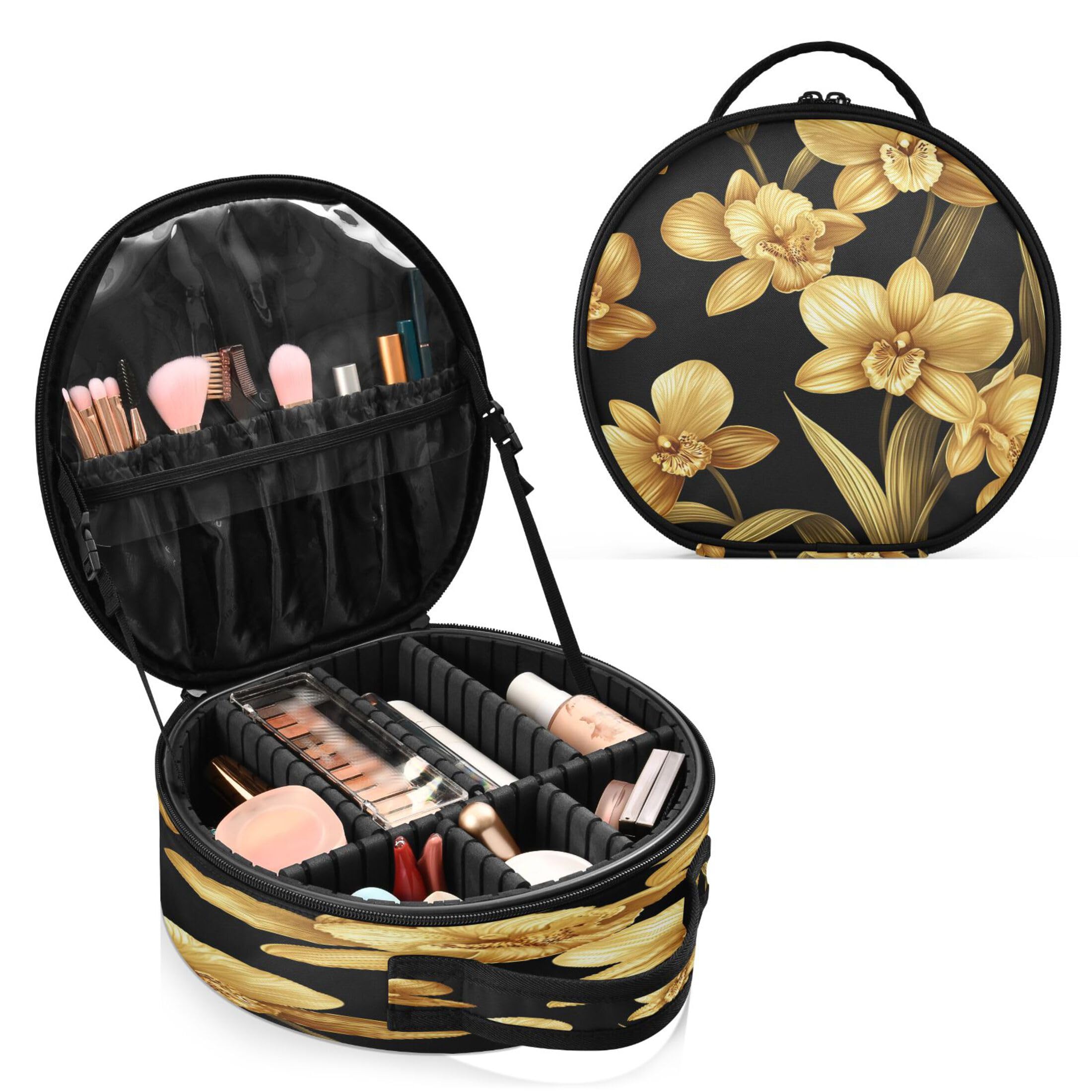 Takiito Golden Orchid Flowers Travel Makeup Case Portable Makeup Box Artist Cosmetic Case Organizer With Adjustable Dividers