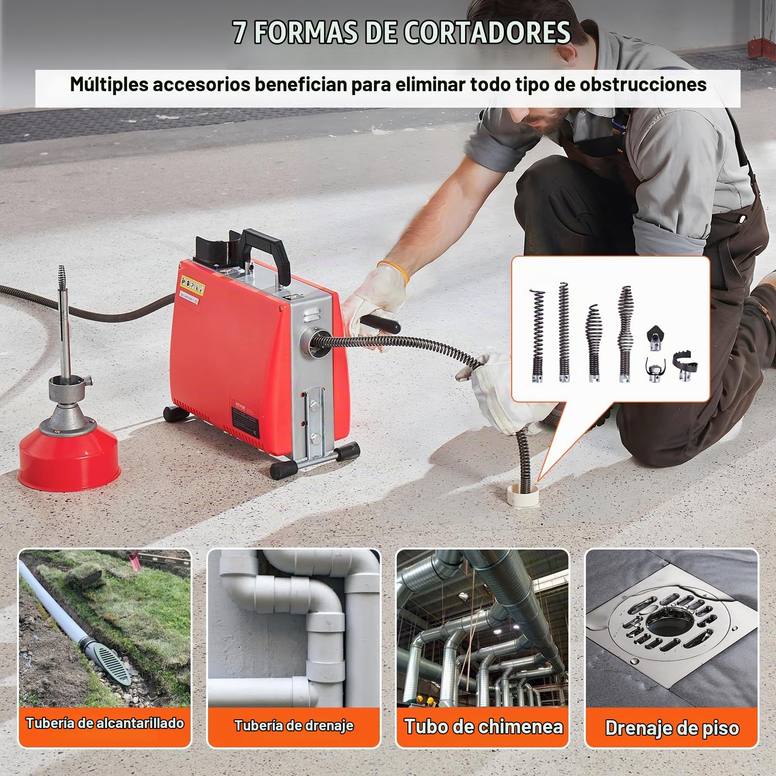 VEVOR XS250W 5/8IN 66FT Desbloqueador de Tuberías