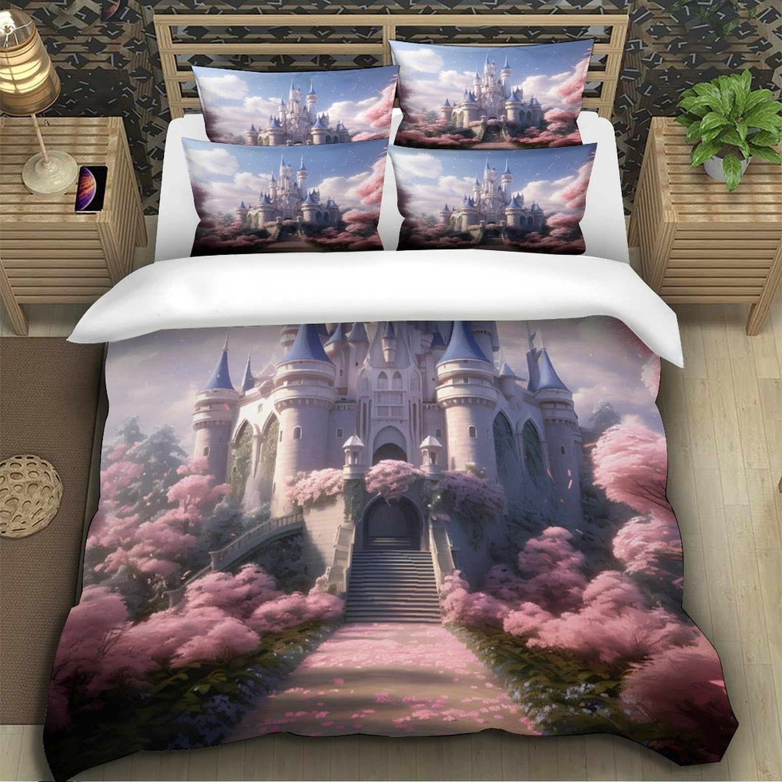 Fantasia del castello Impressione 3D 3 pz fodera per edredone Architettura reale fantasy coperteletto microfibra ipoallergenica zip per bambini ragazzi adulti King（220x240cm）