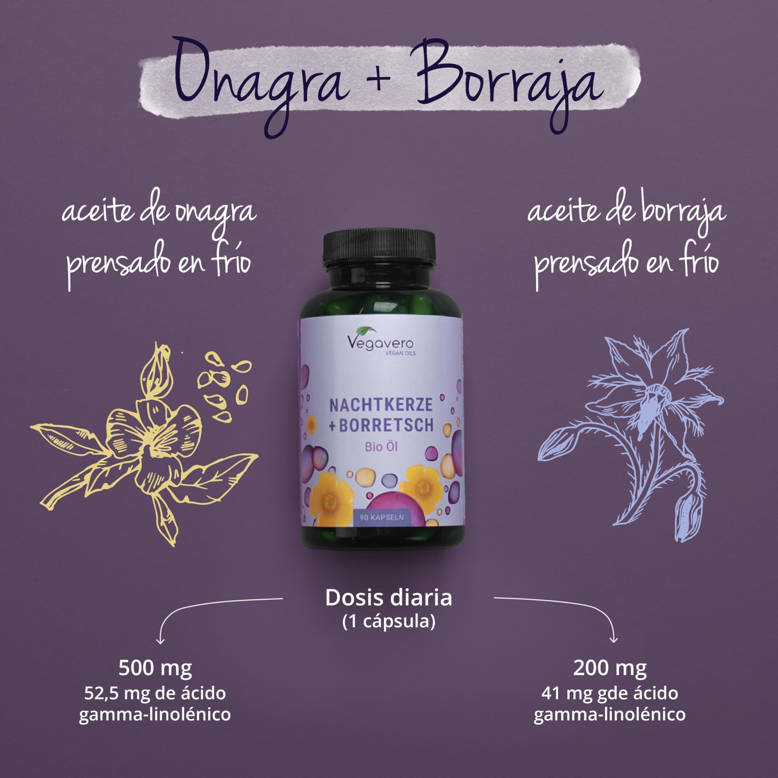 Evening Primrose Oil Vegavero | El único Vegano & Orgánico | Aceite de Onagra Y Borraja | Acné + Psoriasis + Eczema | Con Omega 6 | Prensado en Frío | Sin Aditivos | Onagra 500 mg | 90 Perlas